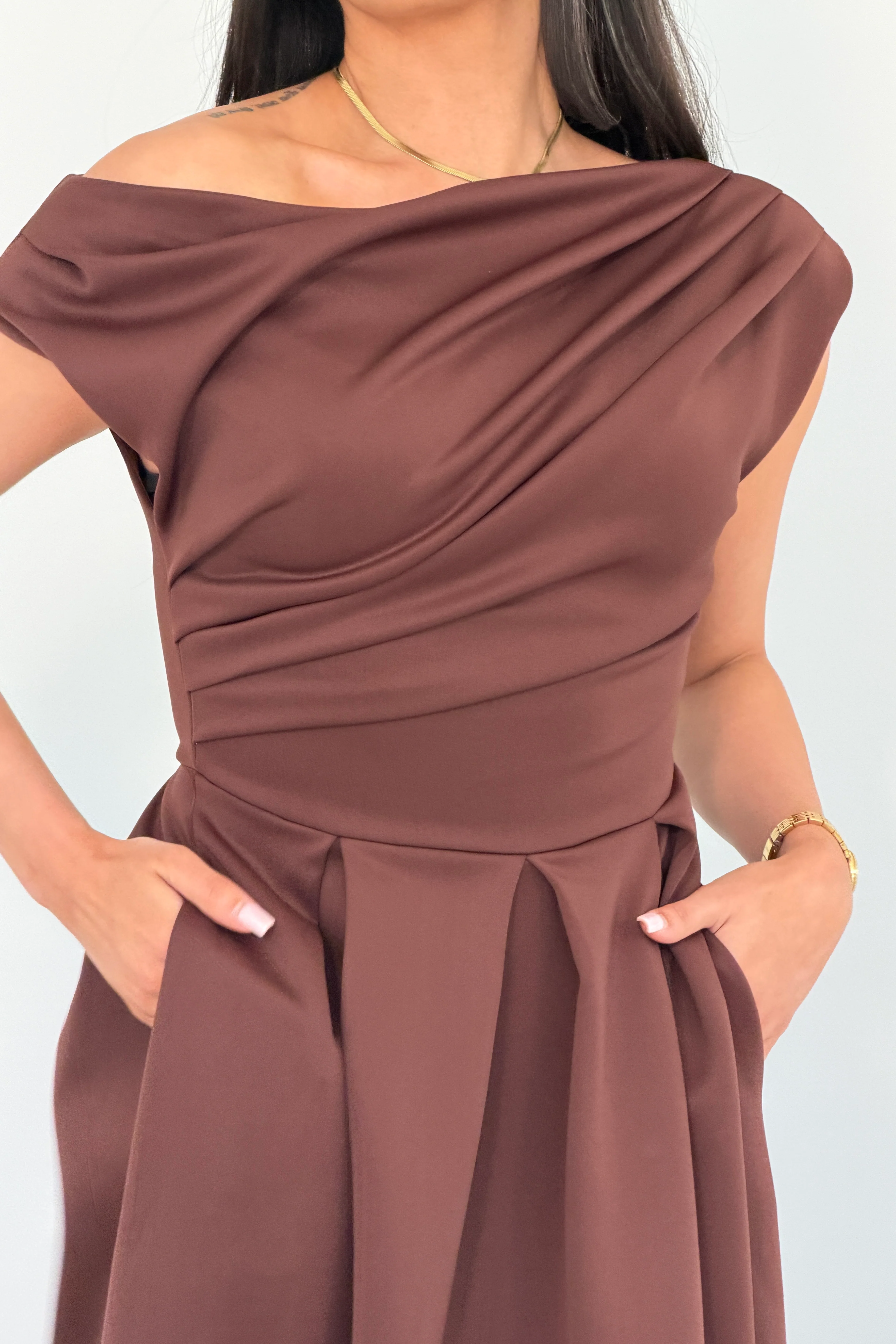 Betty Asymmetric Neckline Skater Midi Brown - Image 5