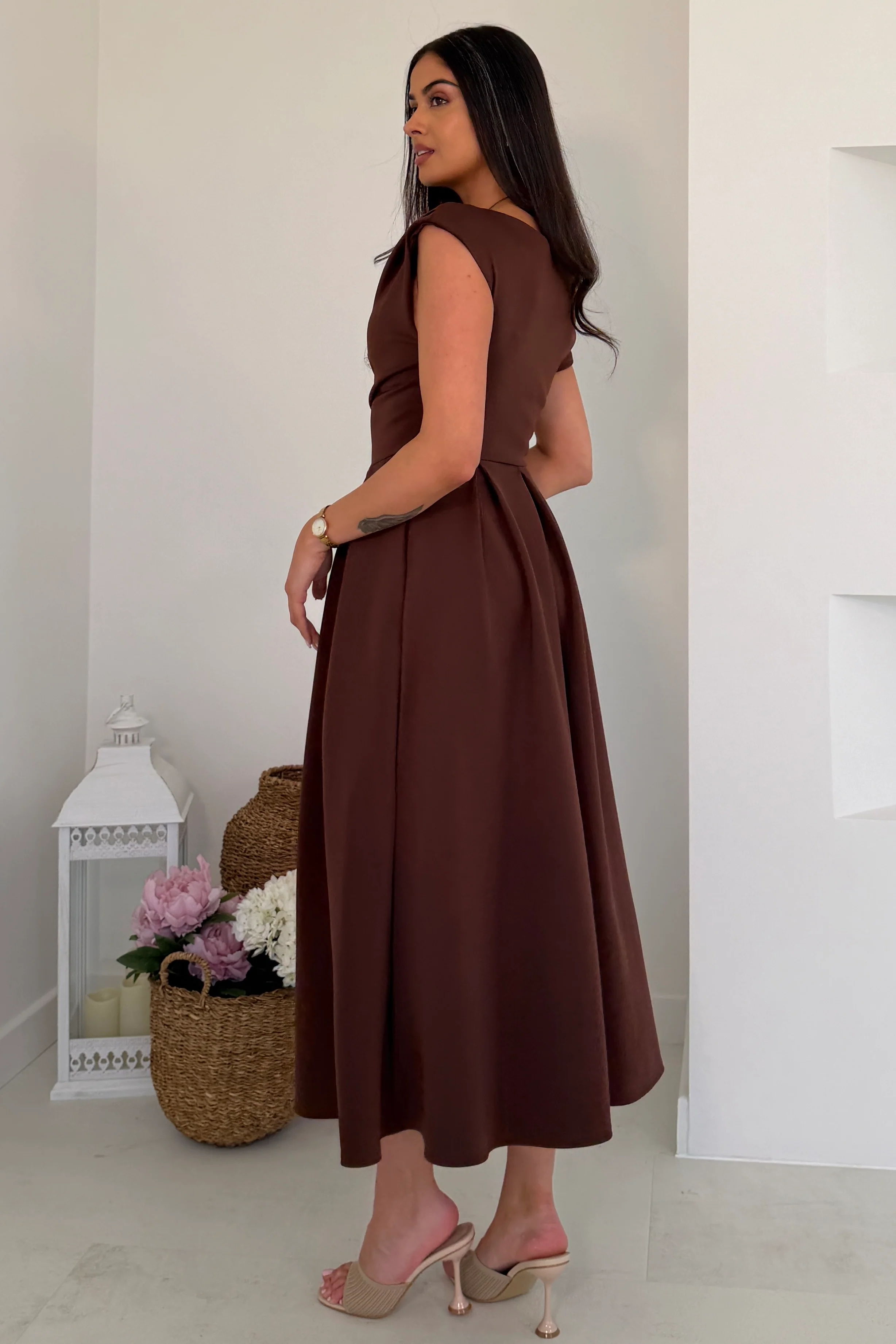 Betty Asymmetric Neckline Skater Midi Brown - Image 6