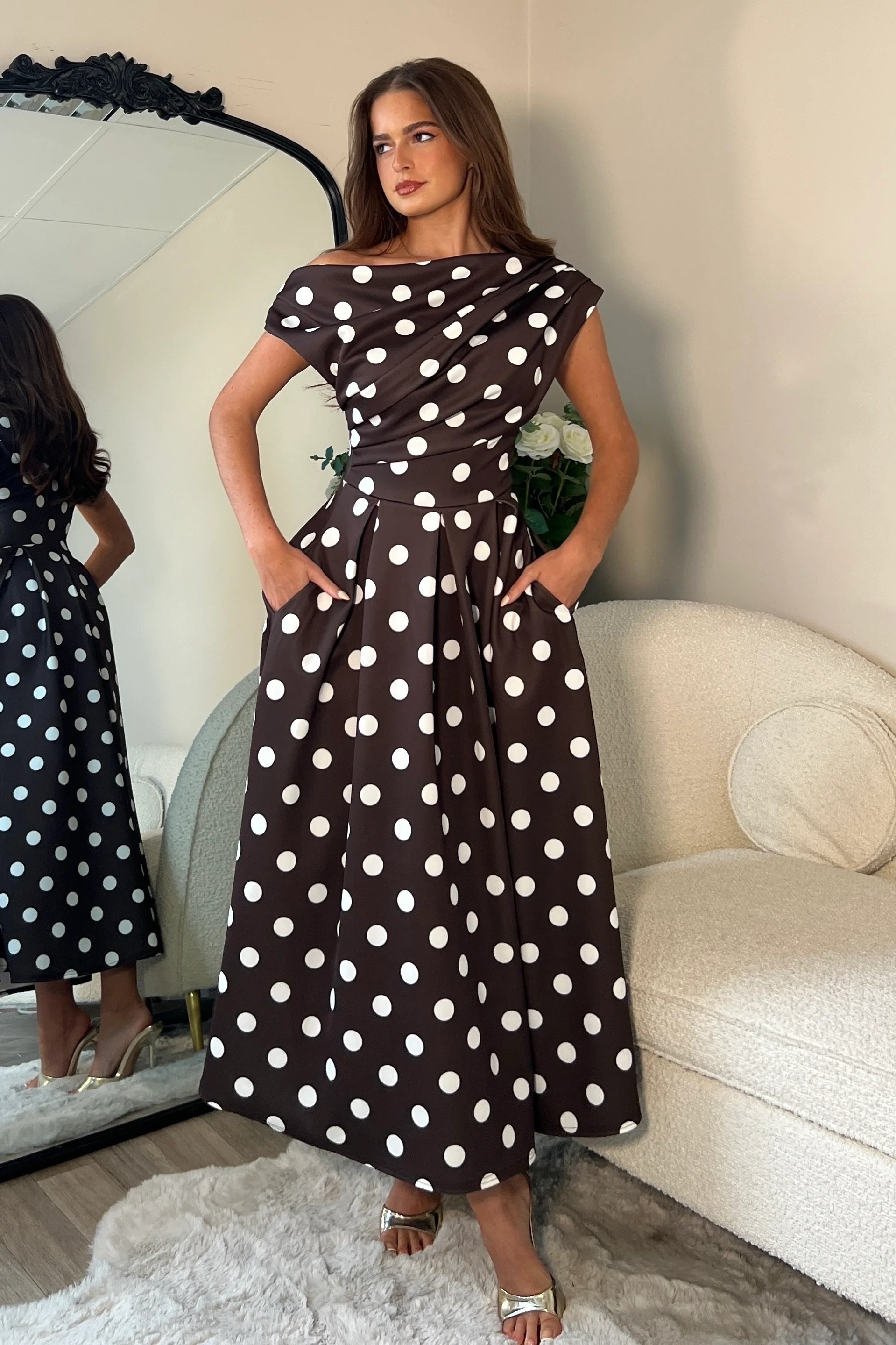 Betty Asymmetric Neckline Skater Midi Brown Spot - Image 3