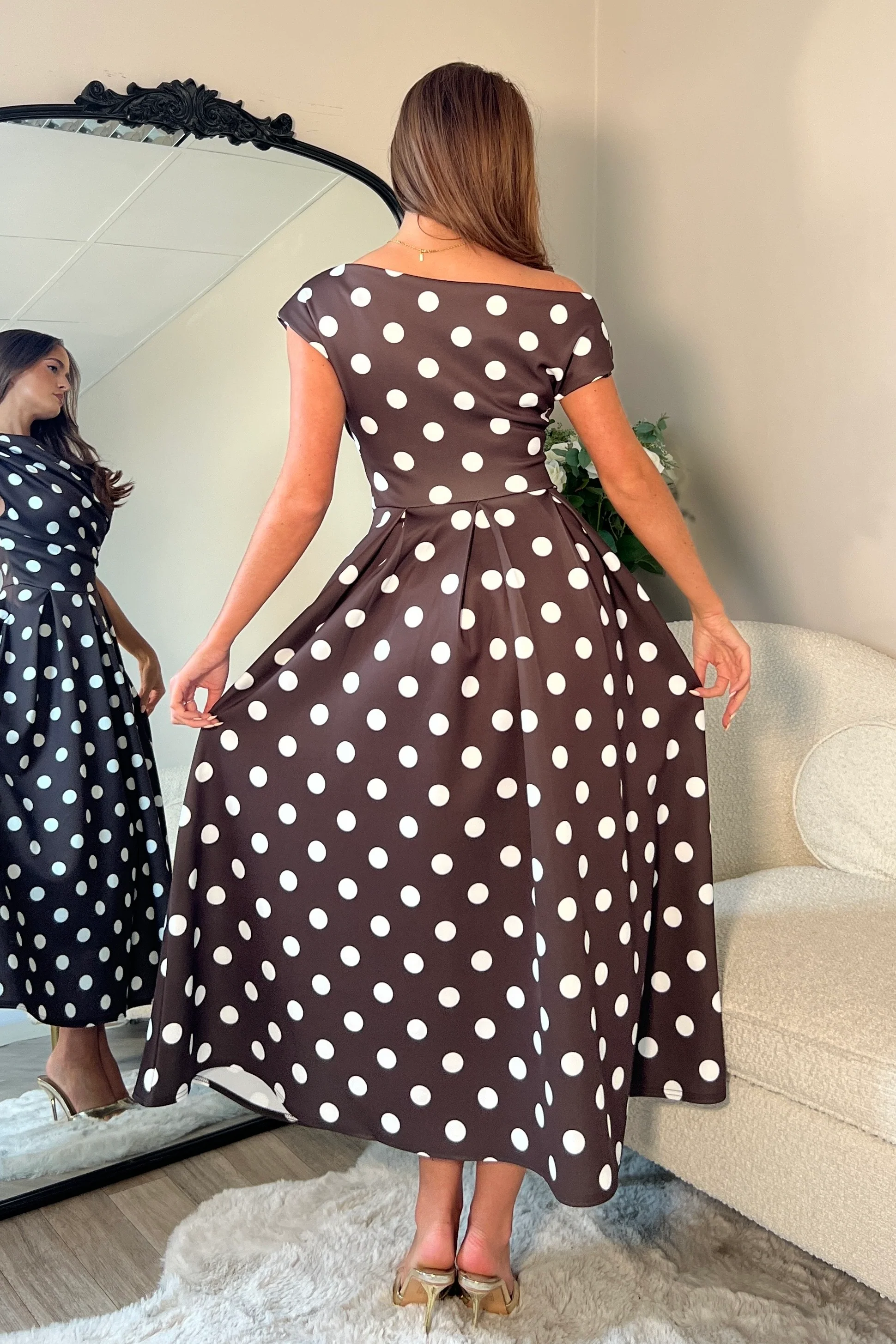 Betty Asymmetric Neckline Skater Midi Brown Spot - Image 5