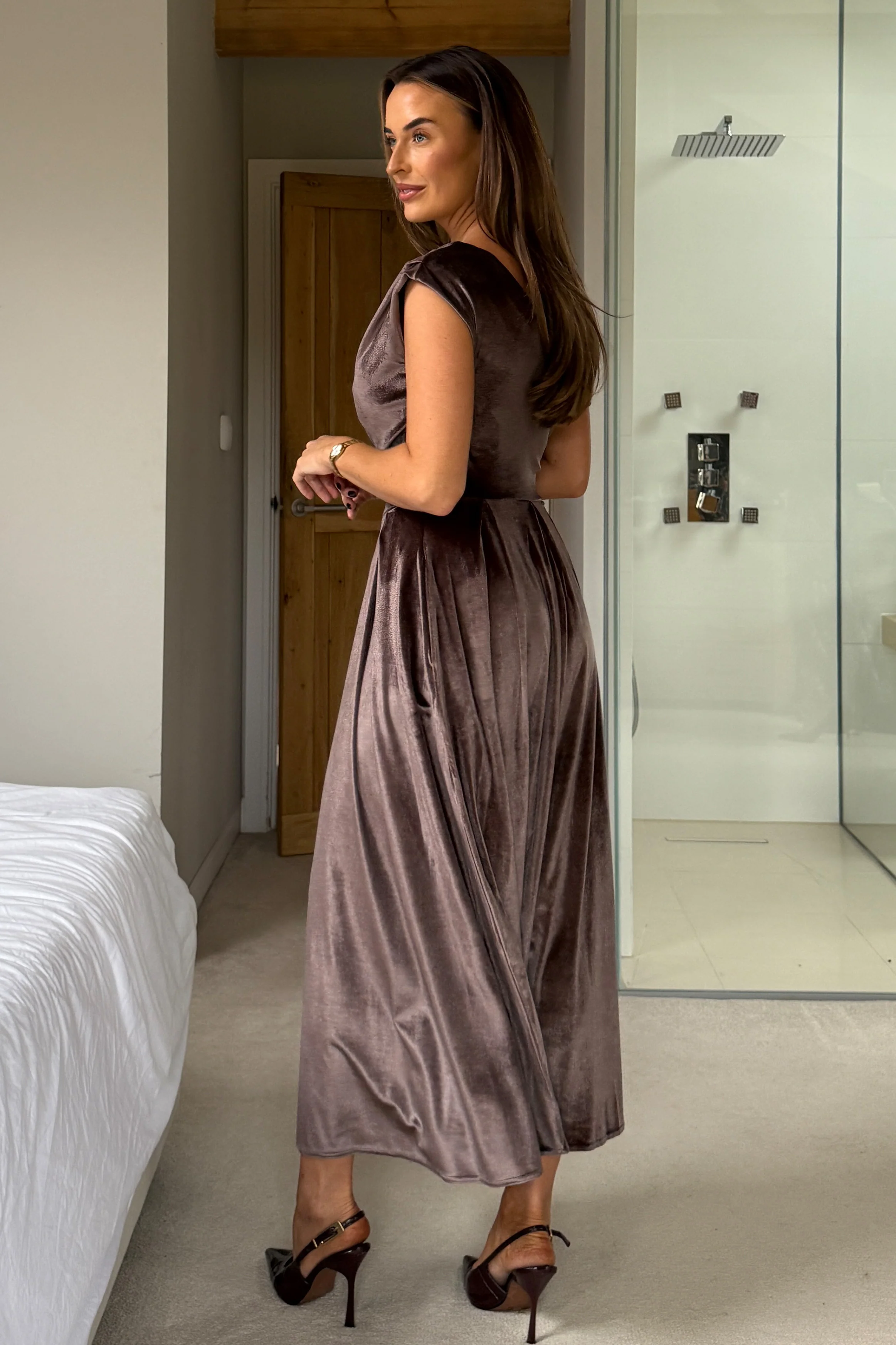 Betty Asymmetric Neckline Skater Midi Brown Velvet - Image 6