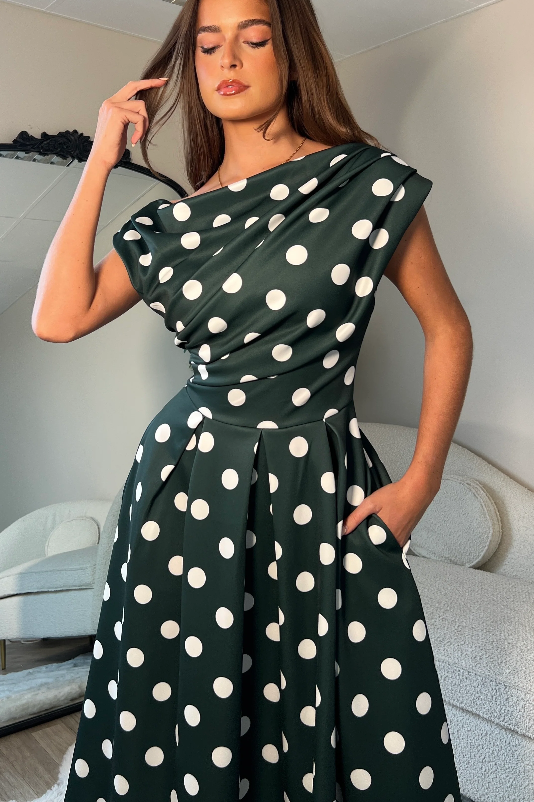 Betty Asymmetric Neckline Skater Midi Green Spot - Image 2