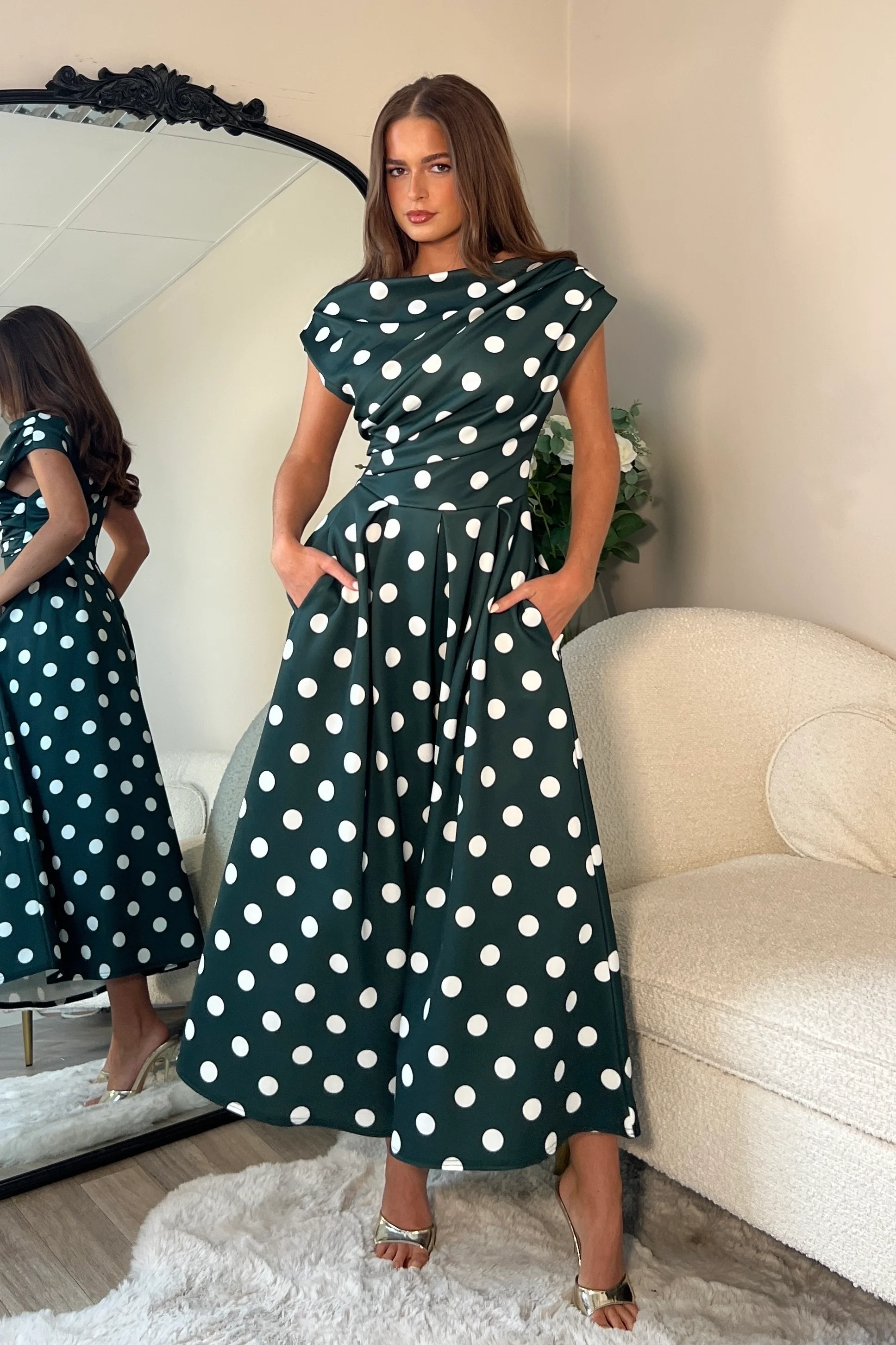 Betty Asymmetric Neckline Skater Midi Green Spot - Image 3
