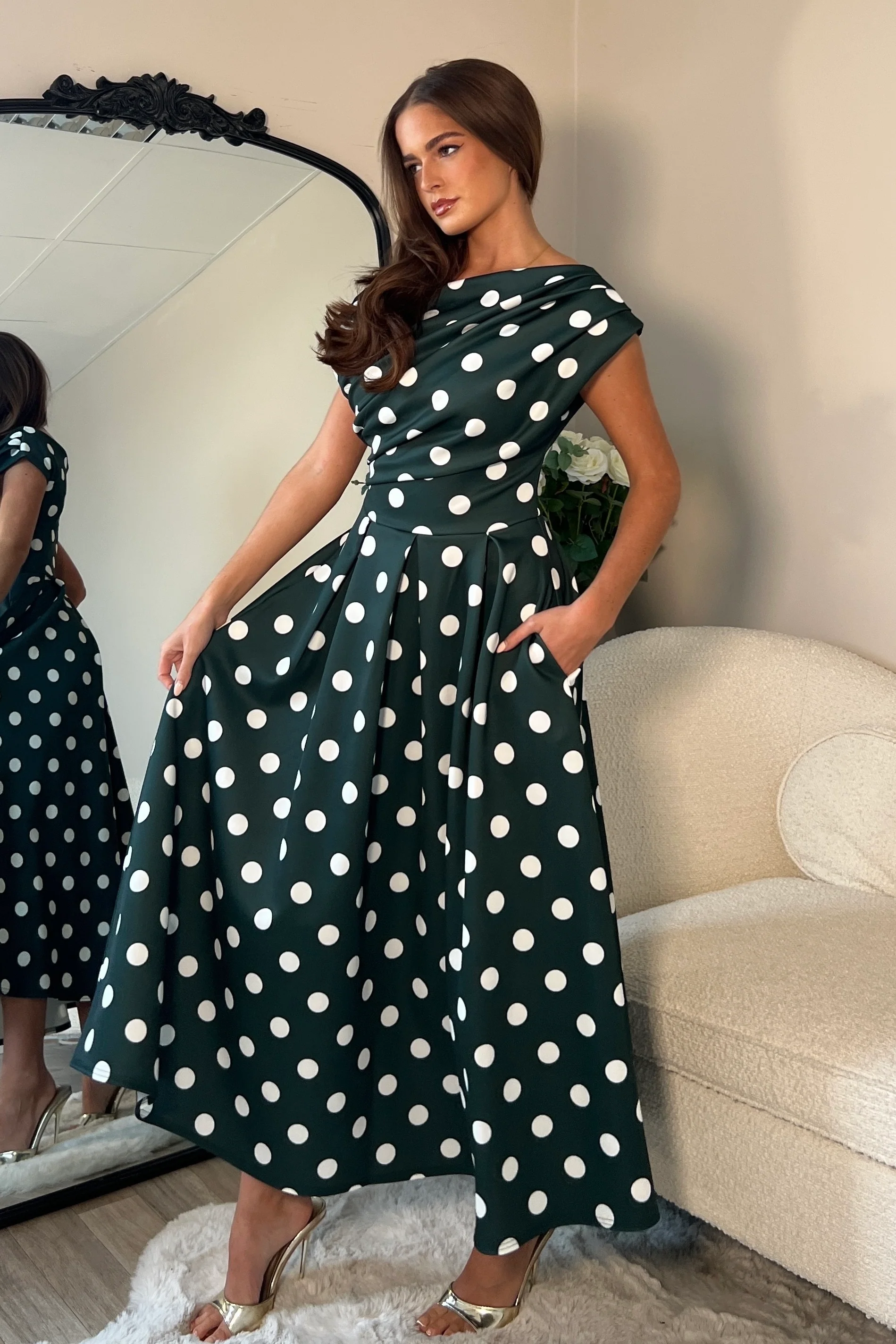 Betty Asymmetric Neckline Skater Midi Green Spot - Image 4