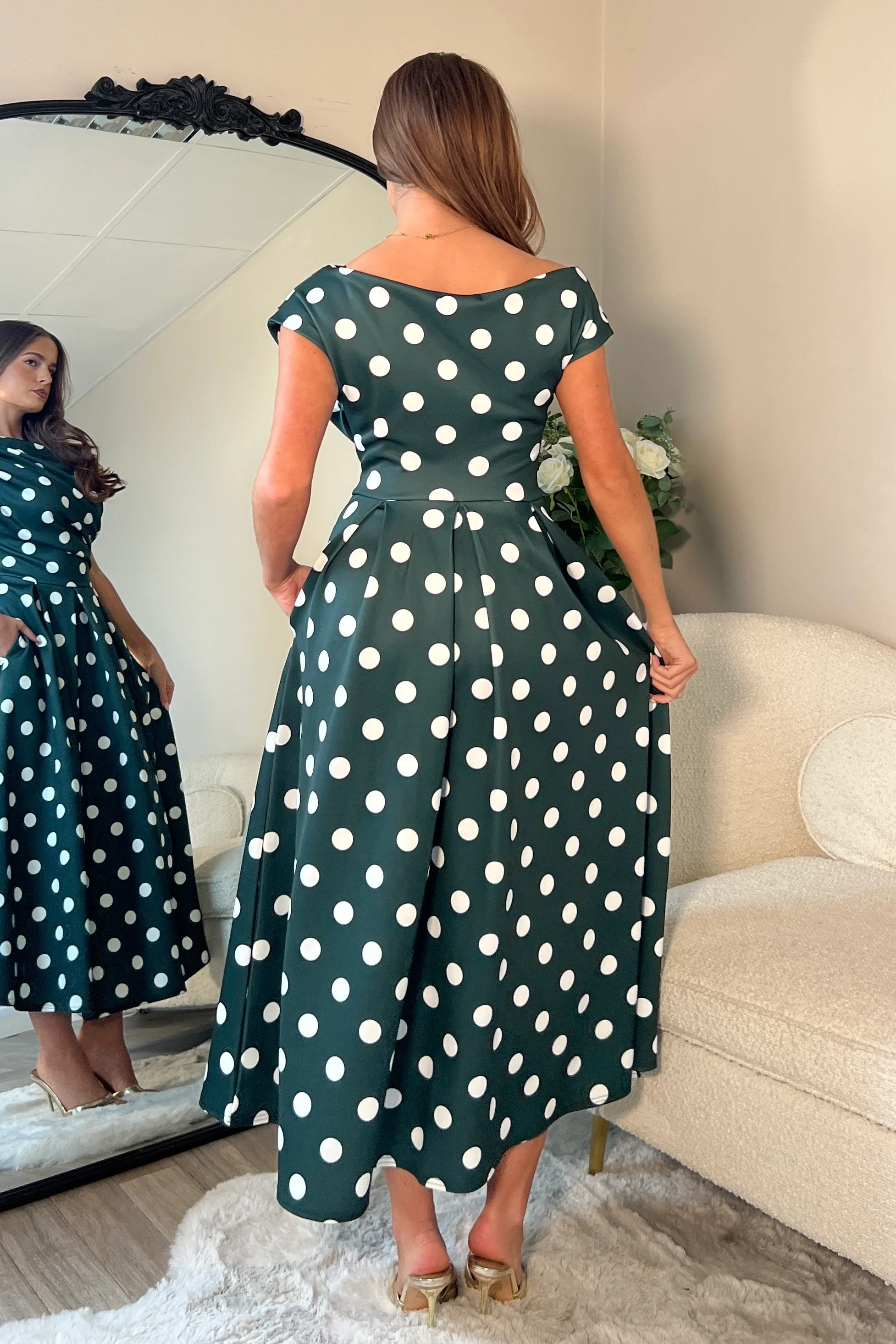 Betty Asymmetric Neckline Skater Midi Green Spot - Image 5