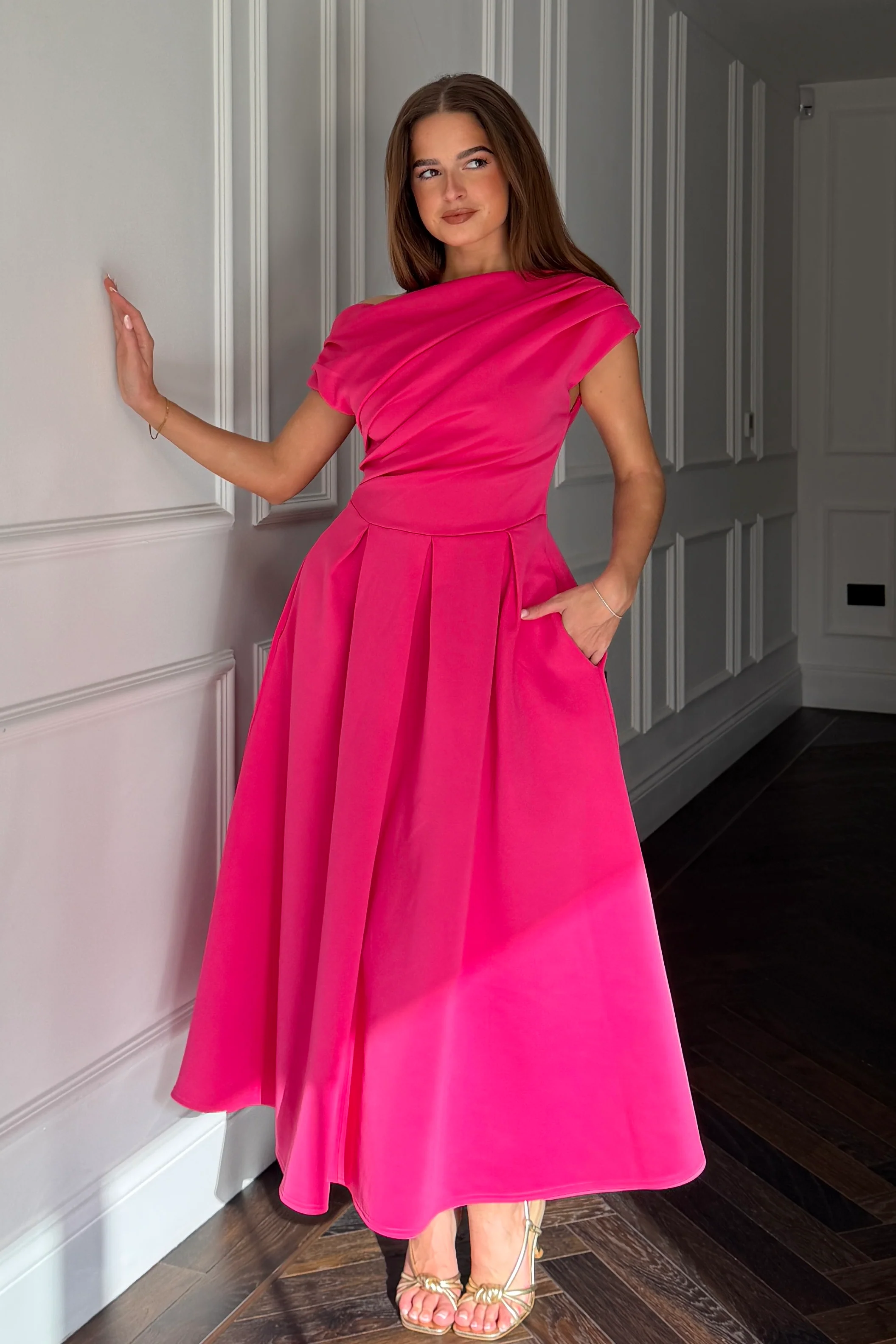 Betty Asymmetric Neckline Skater Midi  Hot Pink - Image 3