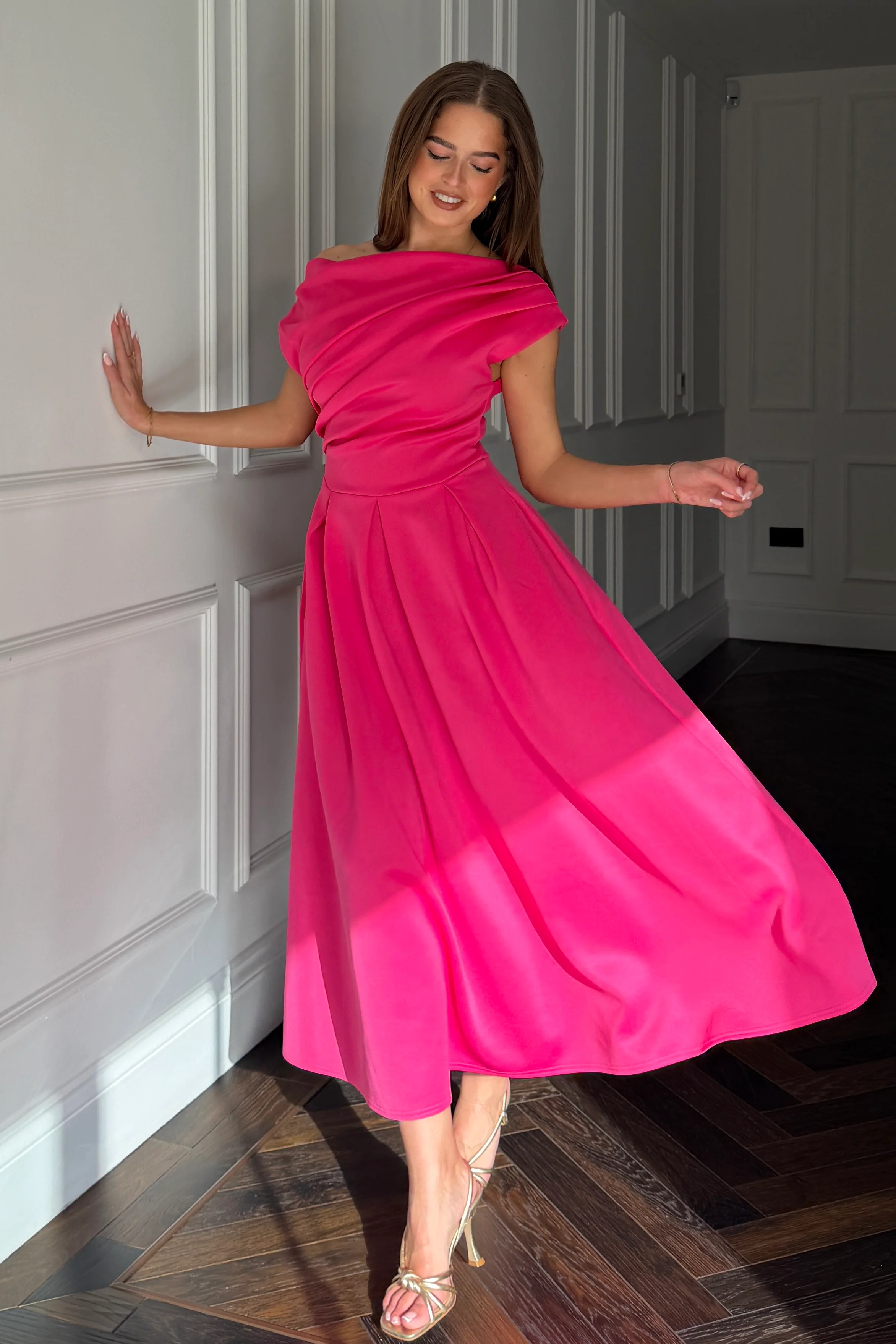 Betty Asymmetric Neckline Skater Midi  Hot Pink - Image 4