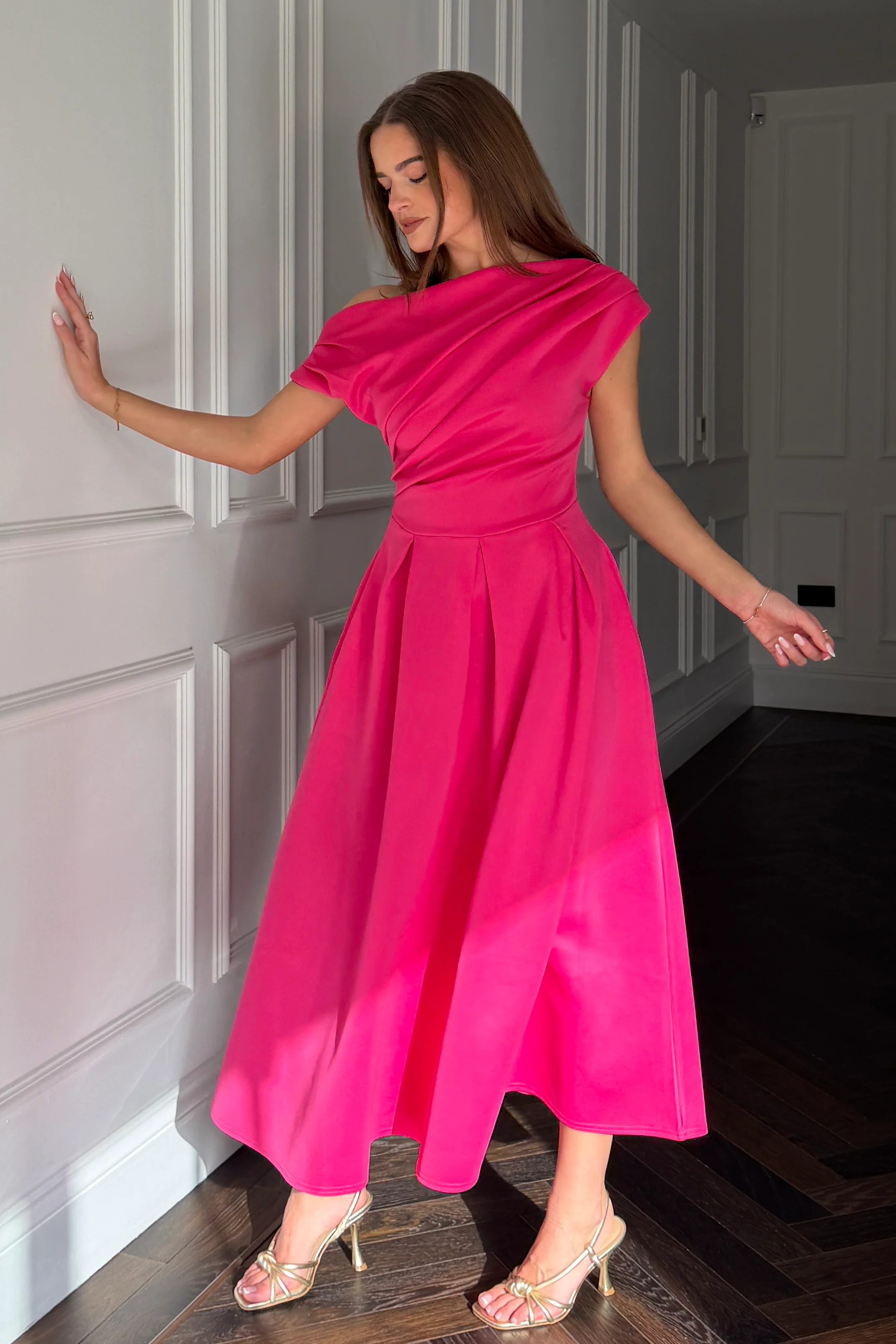 Betty Asymmetric Neckline Skater Midi  Hot Pink - Image 5