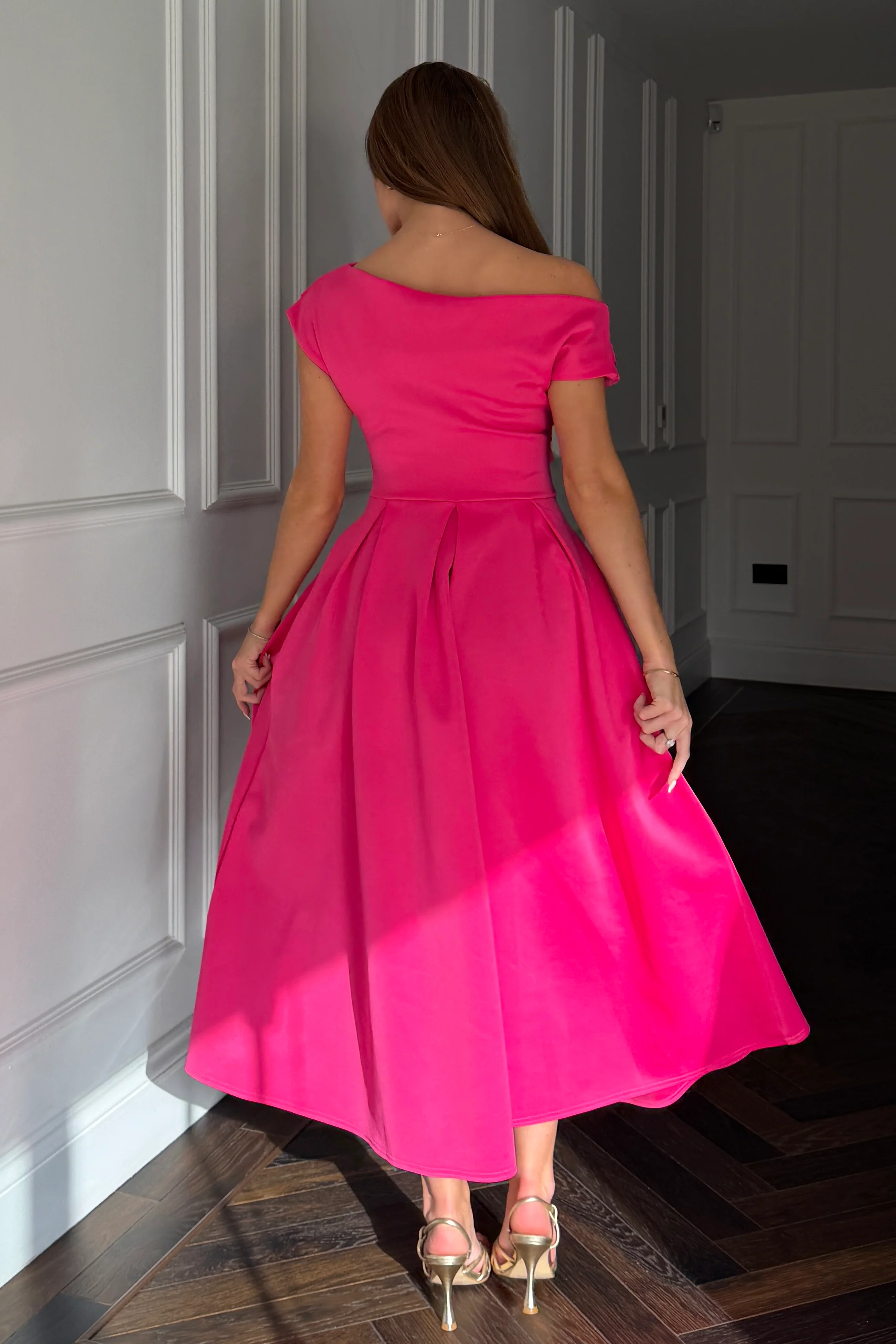 Betty Asymmetric Neckline Skater Midi  Hot Pink - Image 6