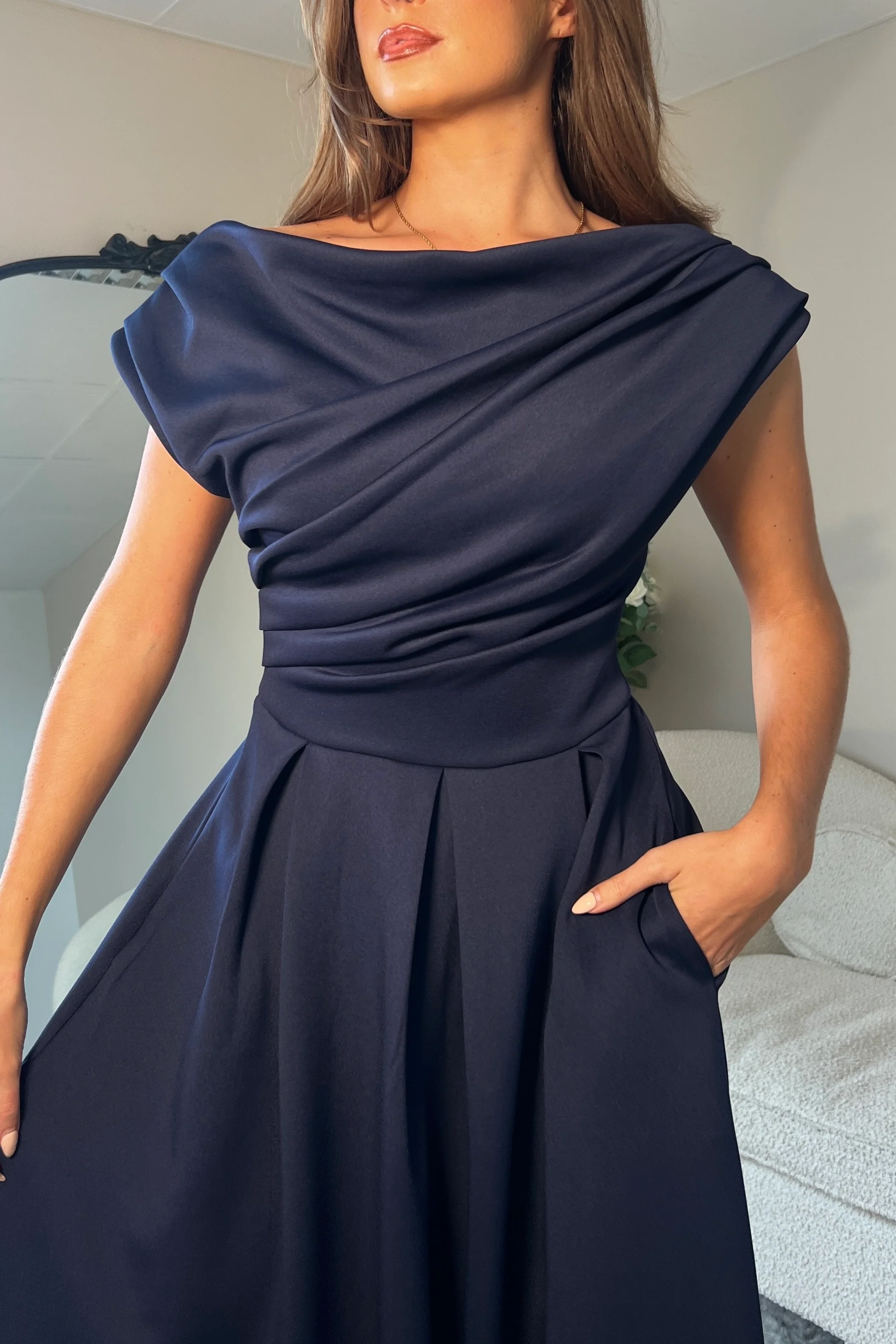 Betty Asymmetric Neckline Skater Midi Navy - Image 2