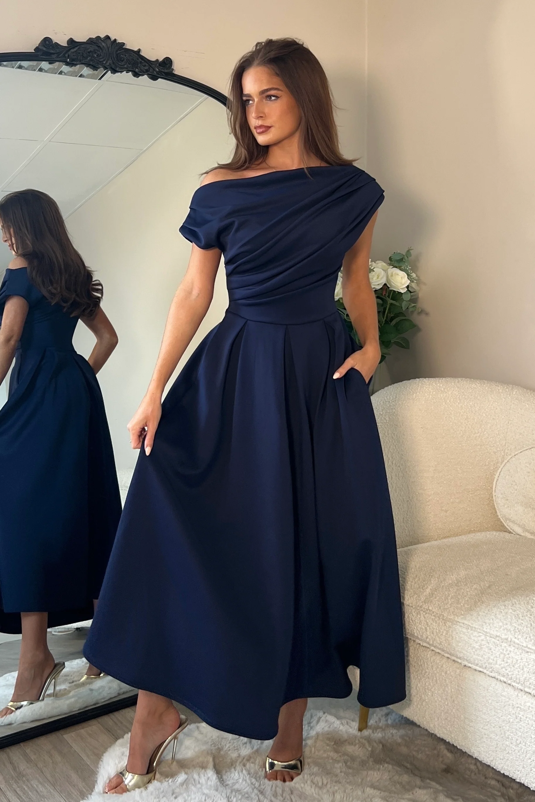 Betty Asymmetric Neckline Skater Midi Navy - Image 3