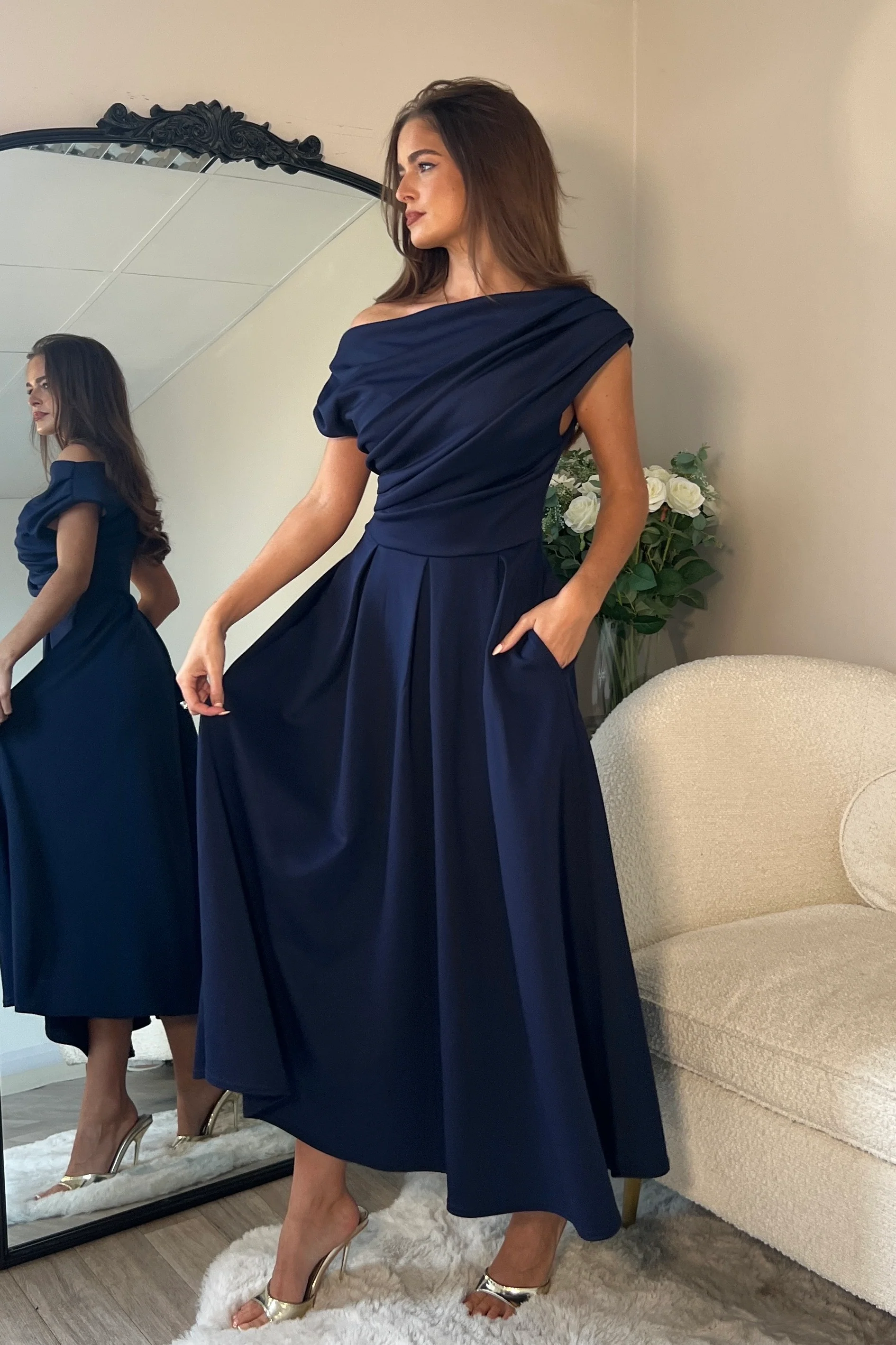 Betty Asymmetric Neckline Skater Midi Navy - Image 4