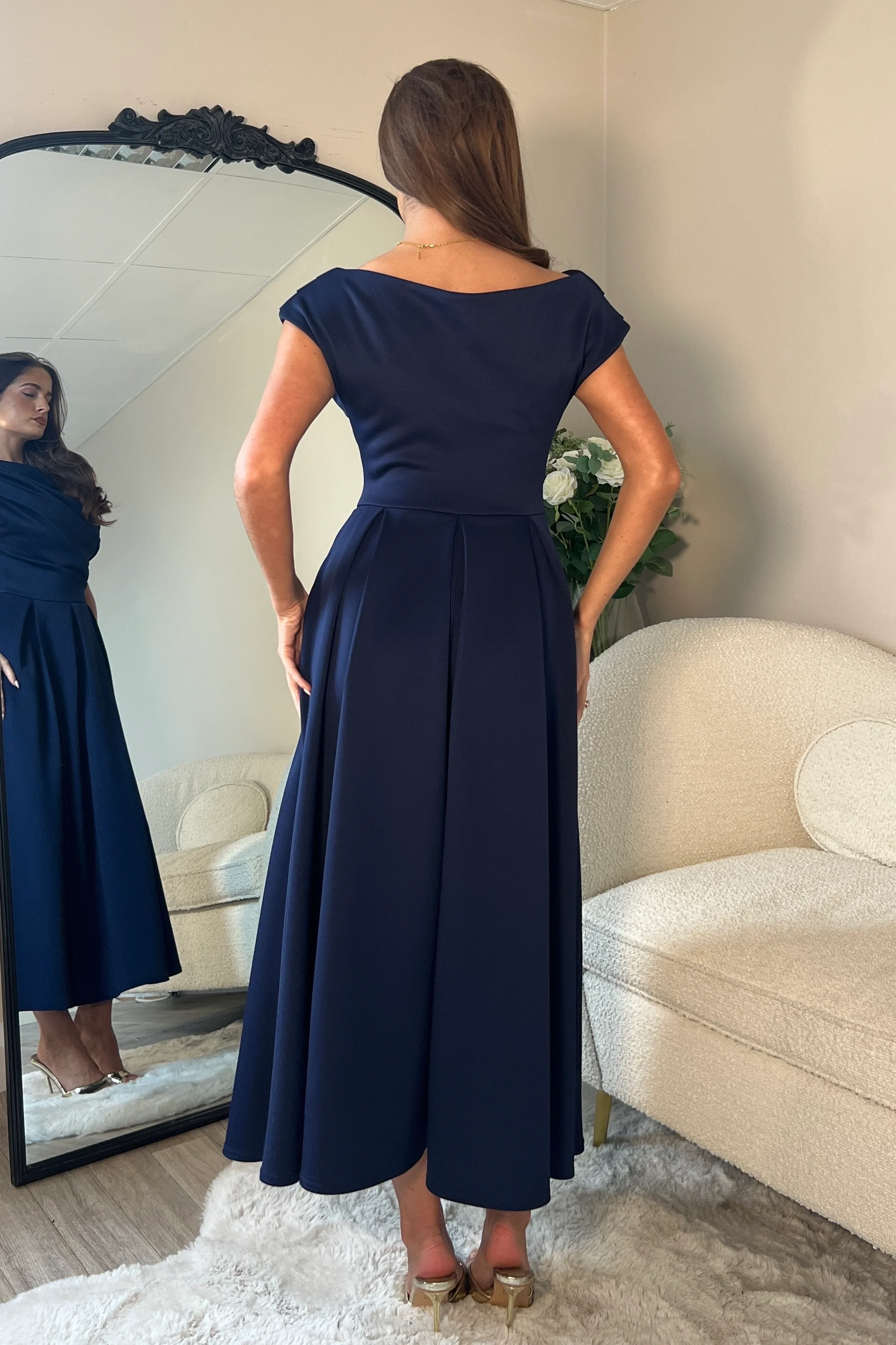 Betty Asymmetric Neckline Skater Midi Navy - Image 5