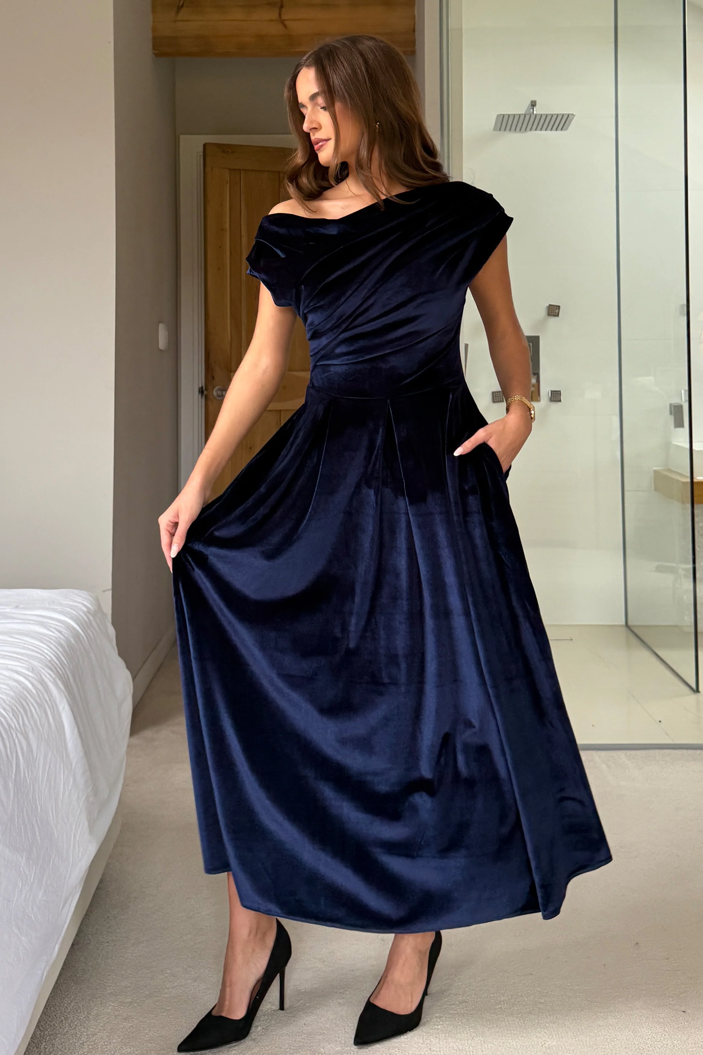 Betty Asymmetric Neckline Skater Midi Navy Velvet - Image 5
