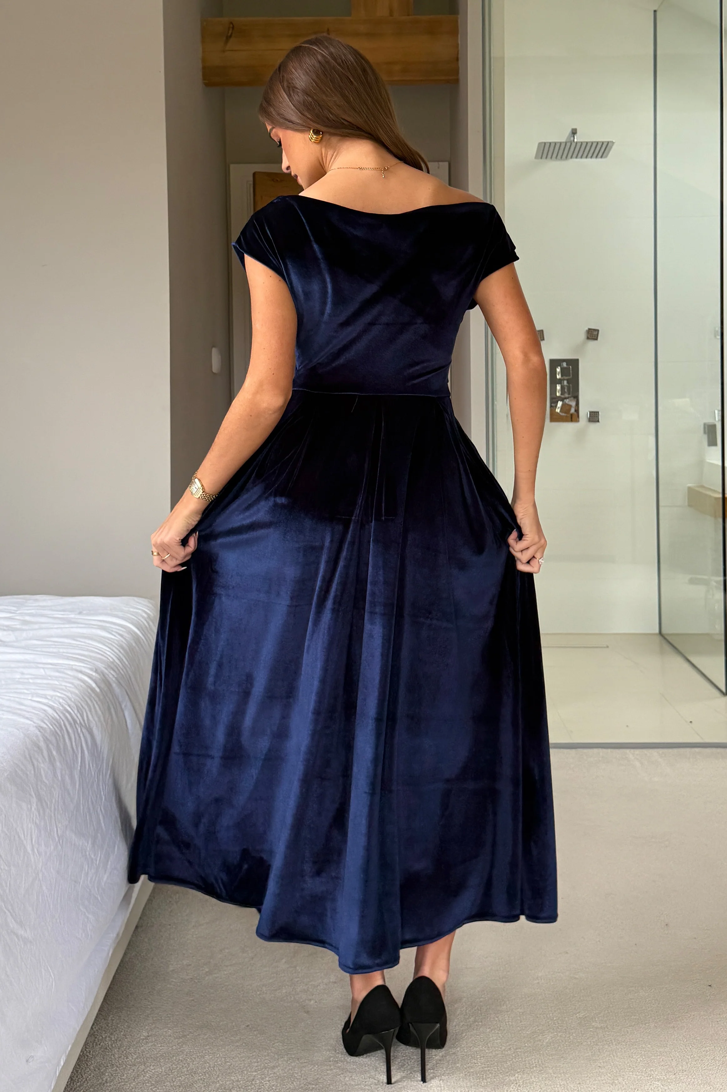 Betty Asymmetric Neckline Skater Midi Navy Velvet - Image 6