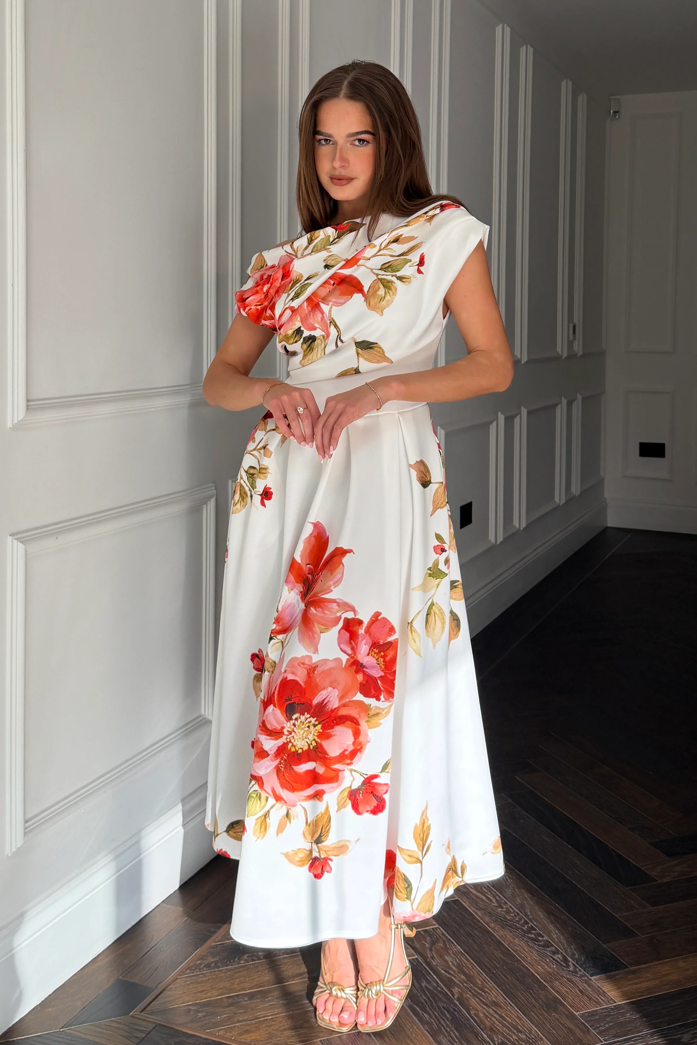 Betty Asymmetric Neckline Skater Midi Orange Floral - Image 3
