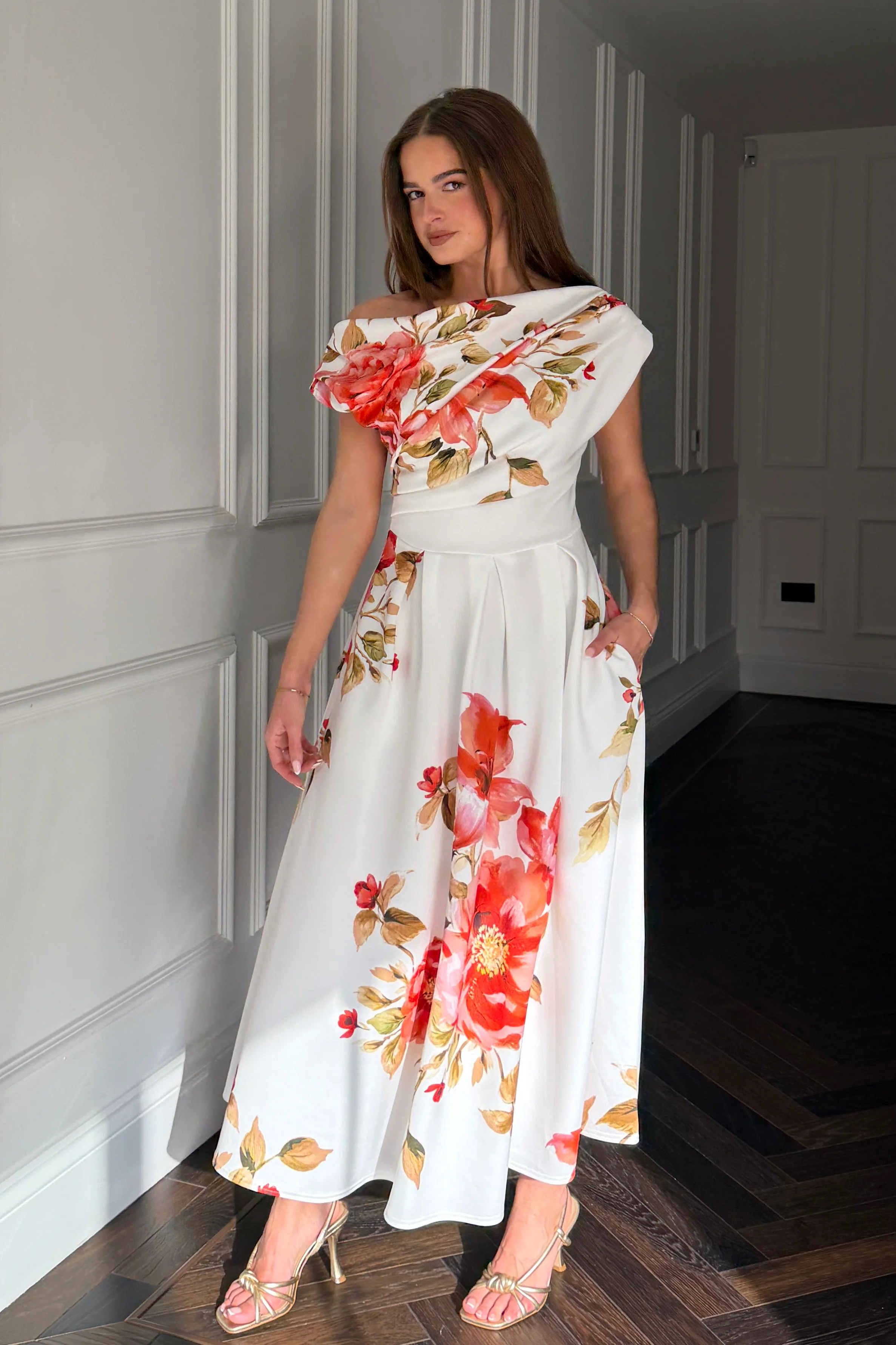 Betty Asymmetric Neckline Skater Midi Orange Floral - Image 4