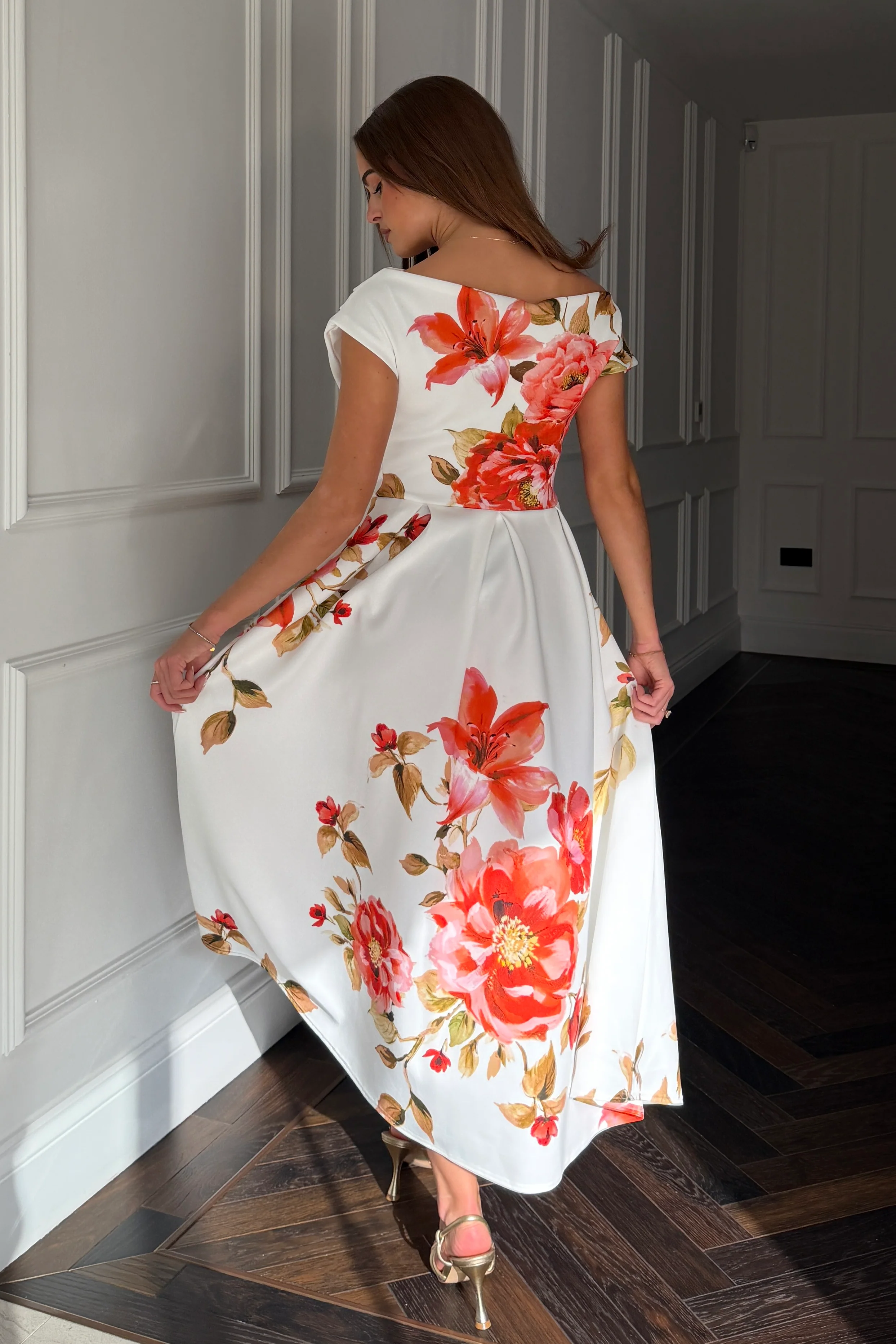 Betty Asymmetric Neckline Skater Midi Orange Floral - Image 5