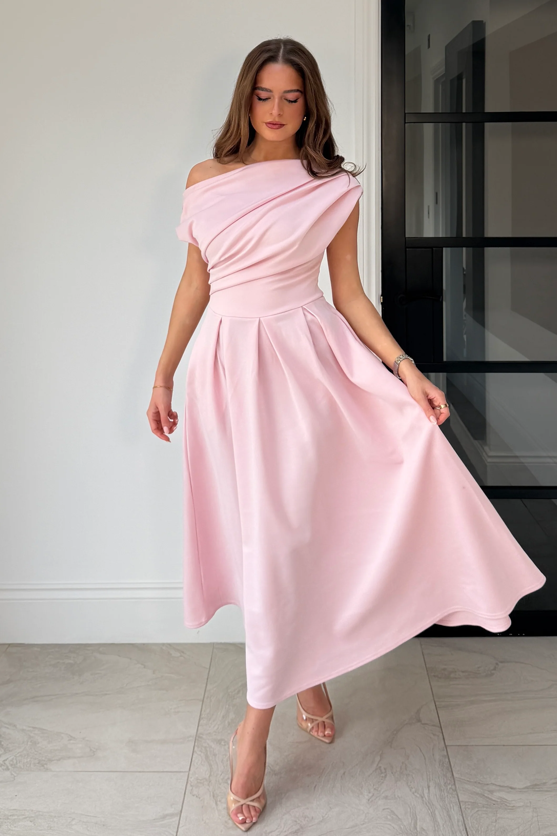 Betty Asymmetric Neckline Skater Midi Pink - Image 3