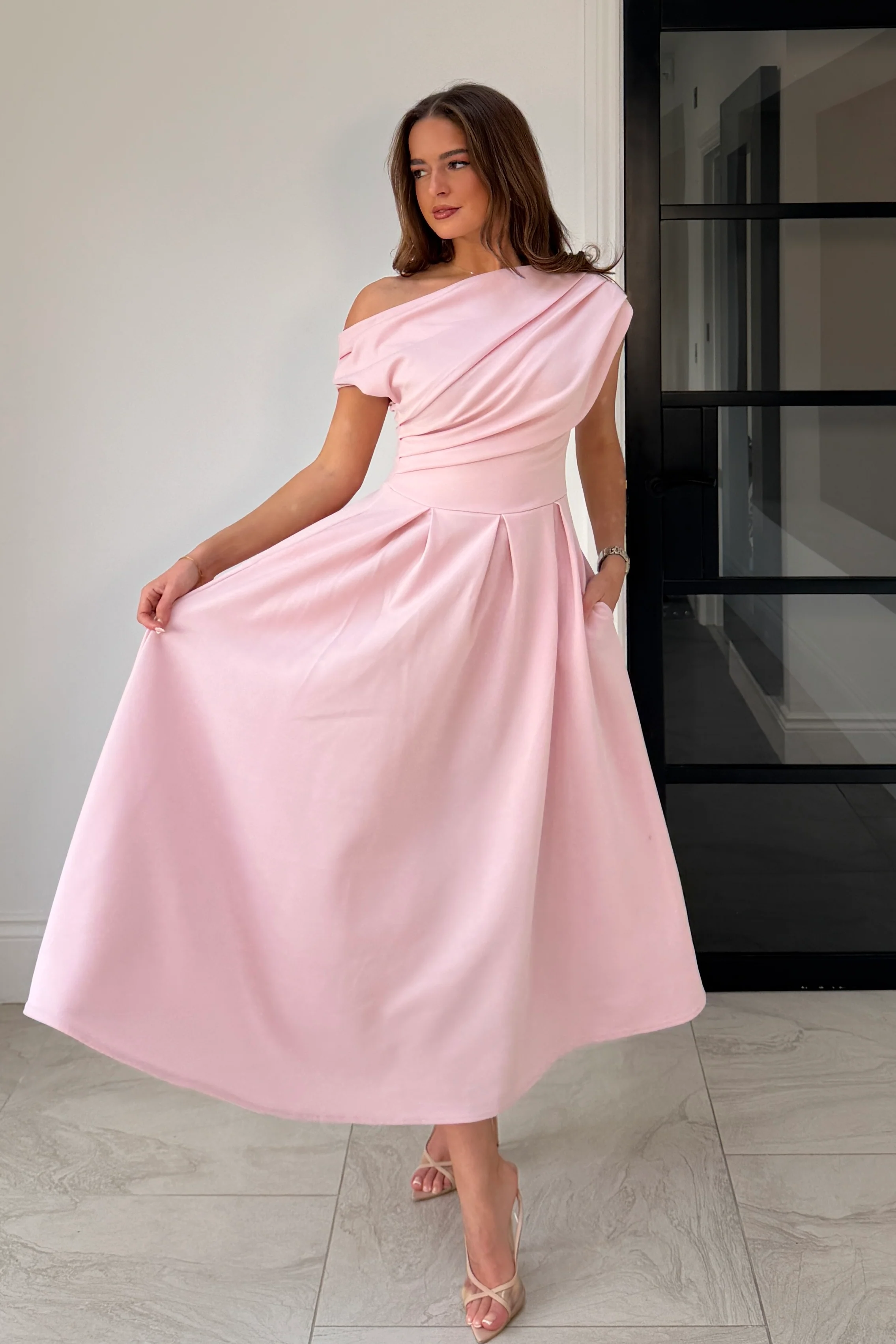 Betty Asymmetric Neckline Skater Midi Pink - Image 4