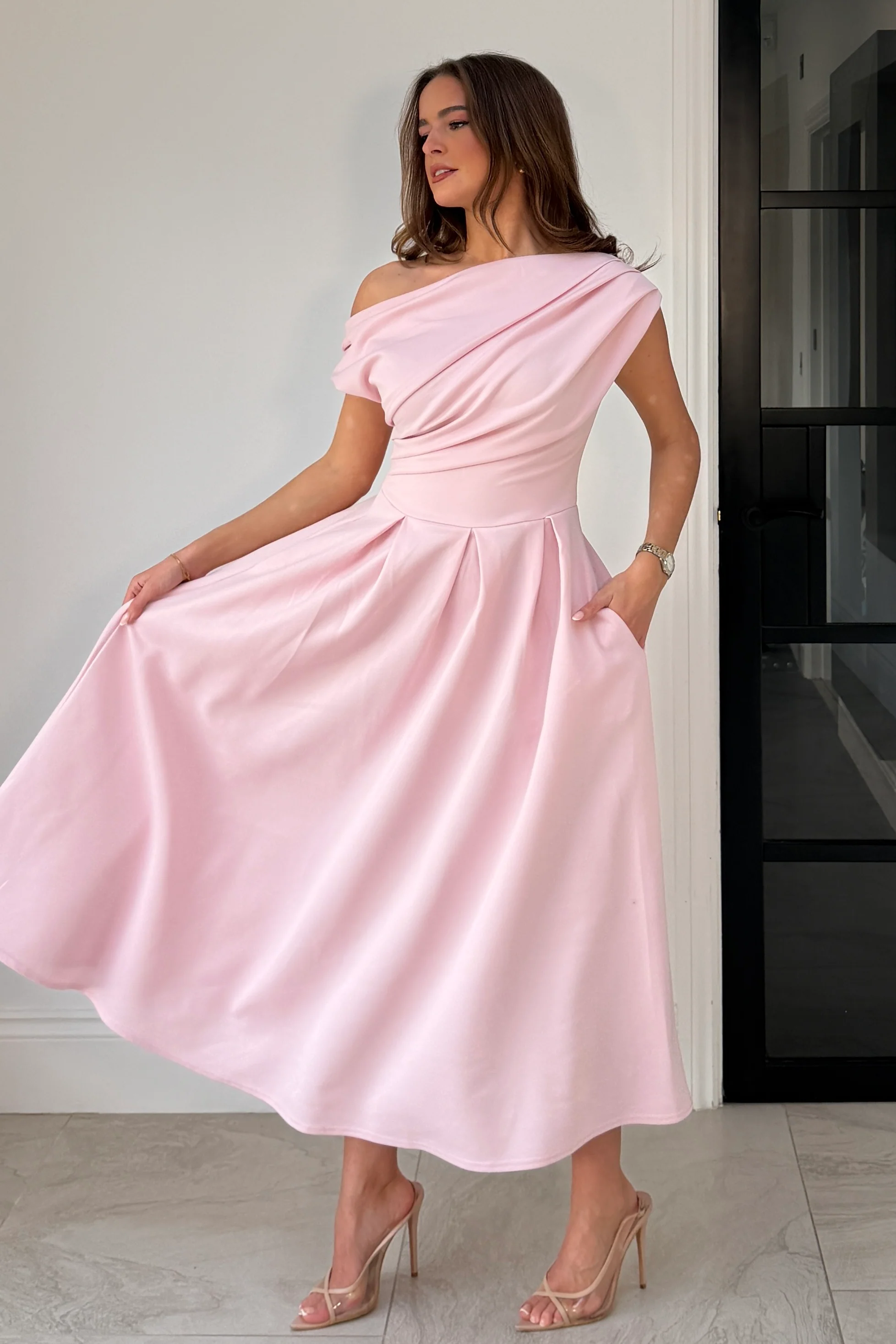 Betty Asymmetric Neckline Skater Midi Pink - Image 5