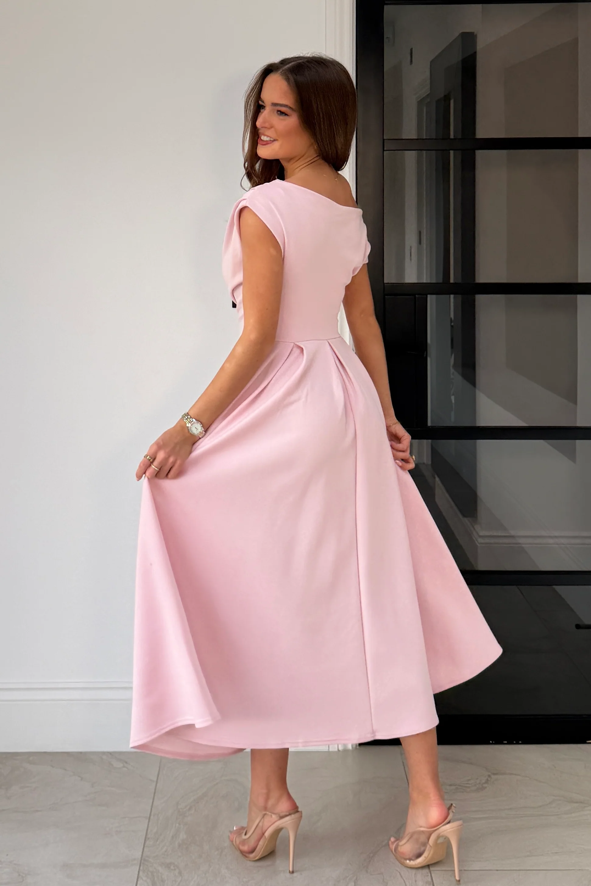 Betty Asymmetric Neckline Skater Midi Pink - Image 6