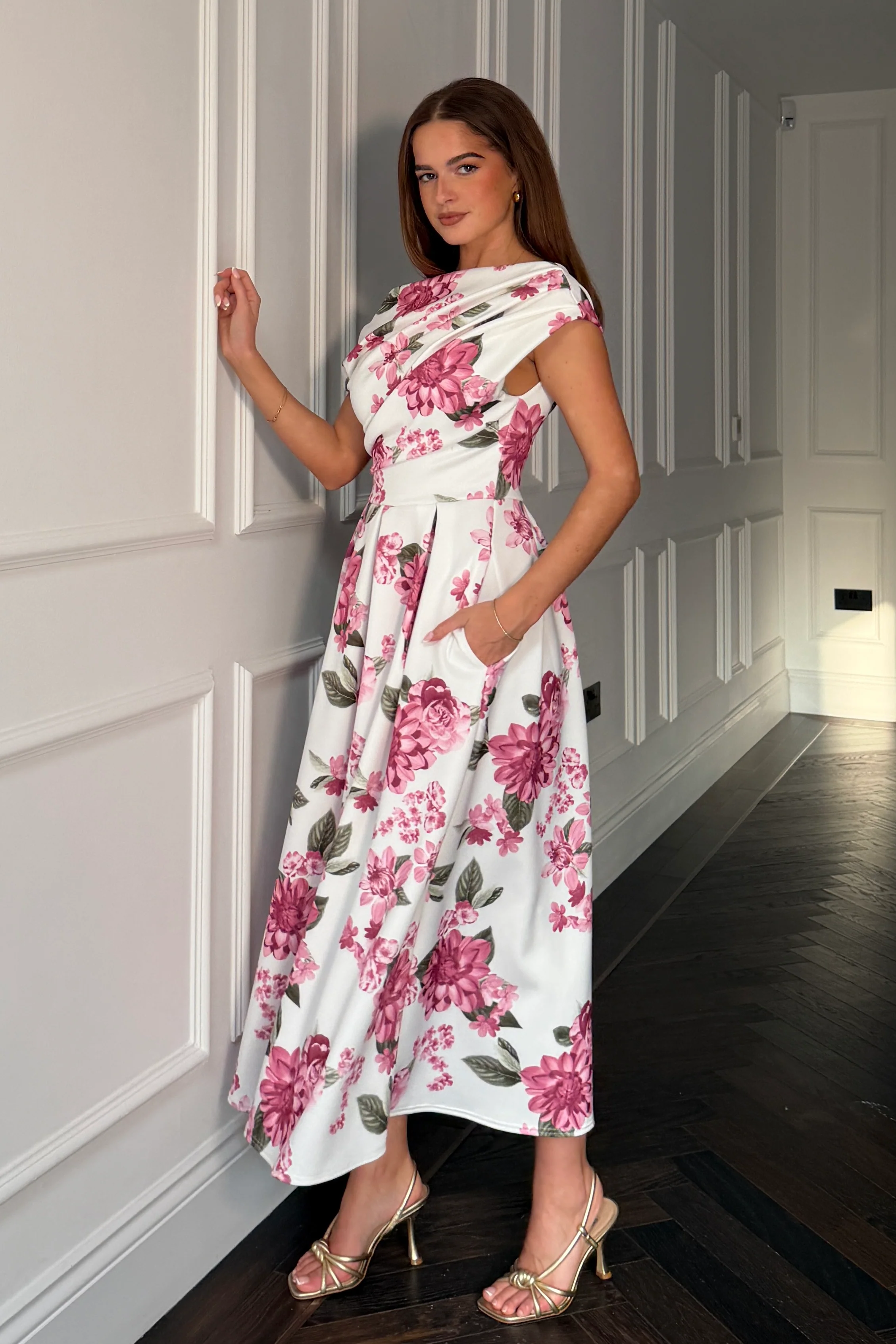 Betty Asymmetric Neckline Skater Midi  Pink Floral - Image 3
