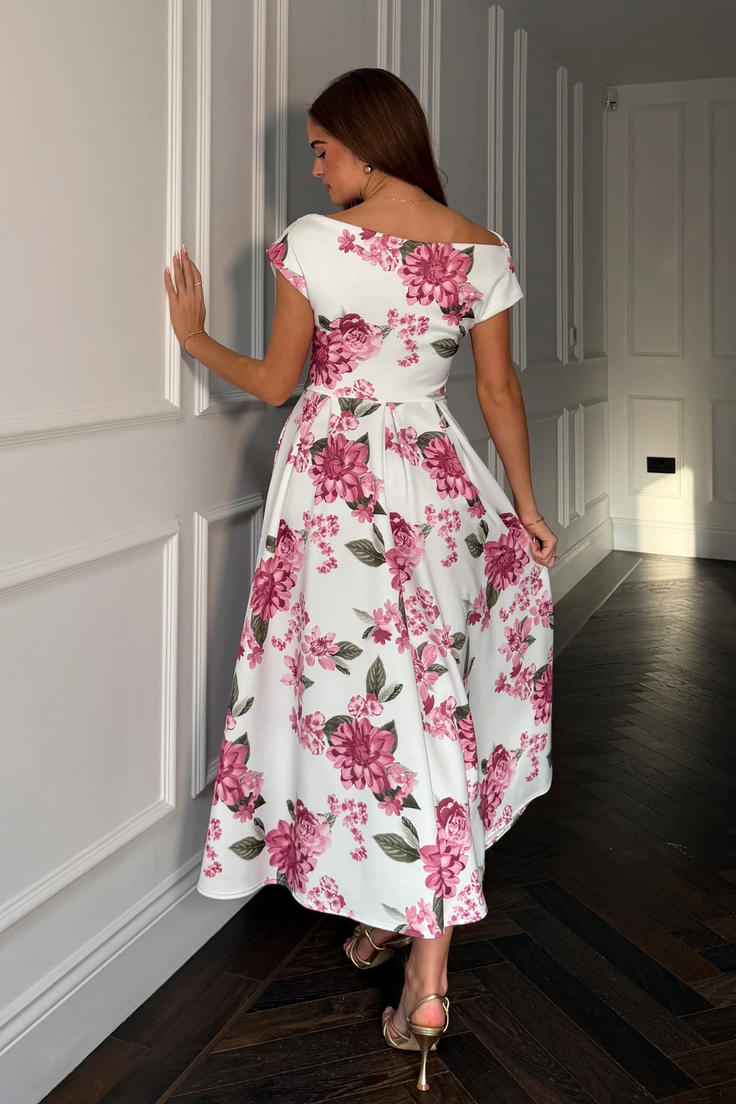 Betty Asymmetric Neckline Skater Midi  Pink Floral - Image 4