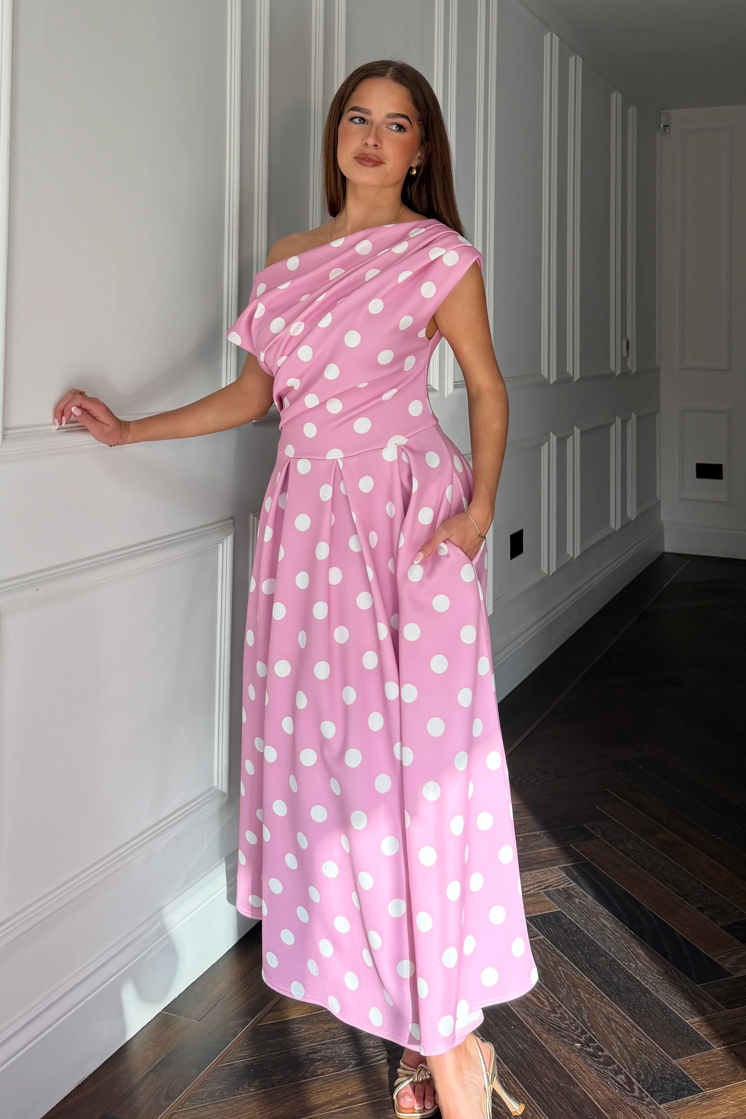 Betty Asymmetric Neckline Skater Midi Pink Polka - Image 3