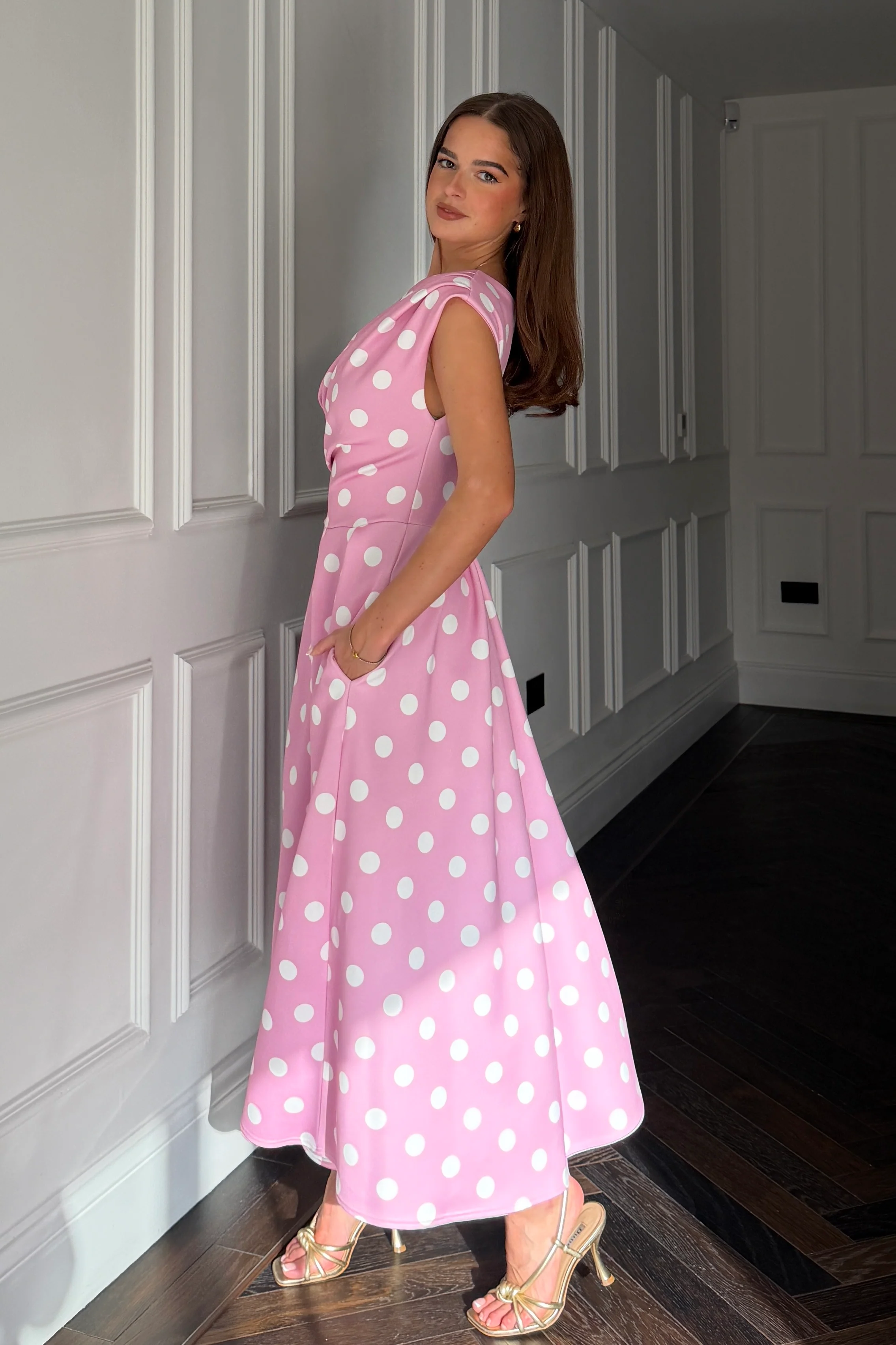 Betty Asymmetric Neckline Skater Midi Pink Polka - Image 4