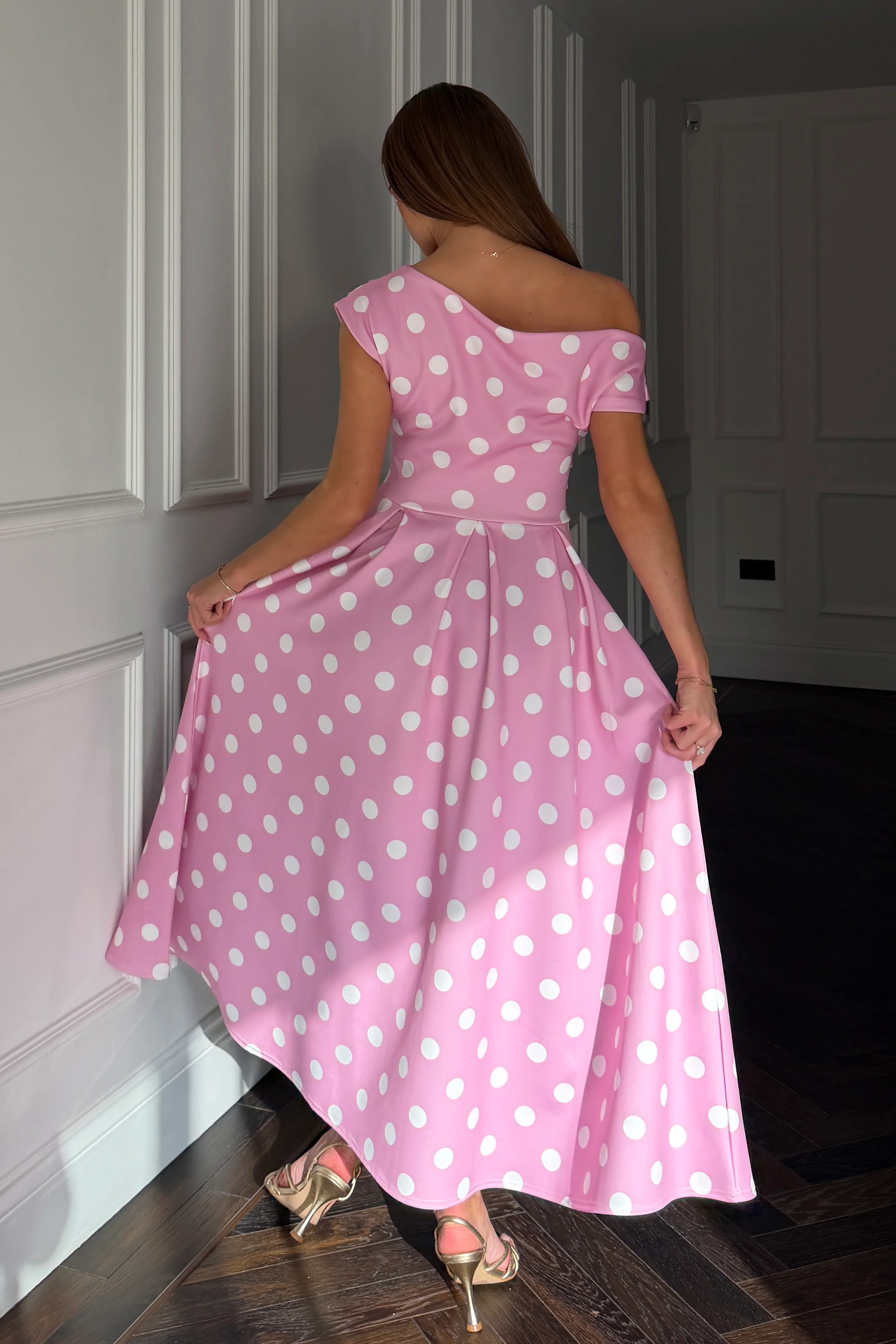 Betty Asymmetric Neckline Skater Midi Pink Polka - Image 5