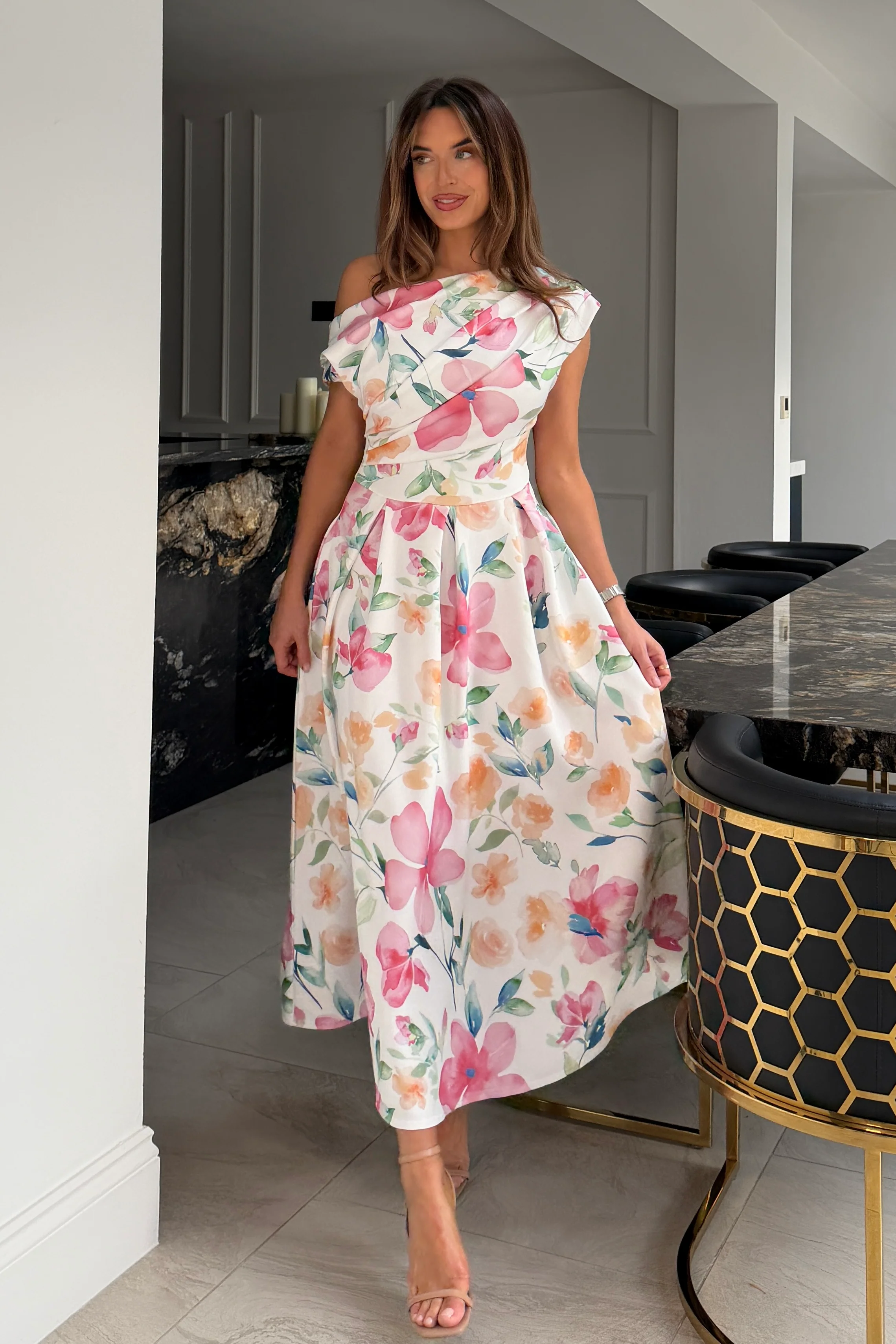 Betty Asymmetric Neckline Skater Midi Dress Print - Image 3