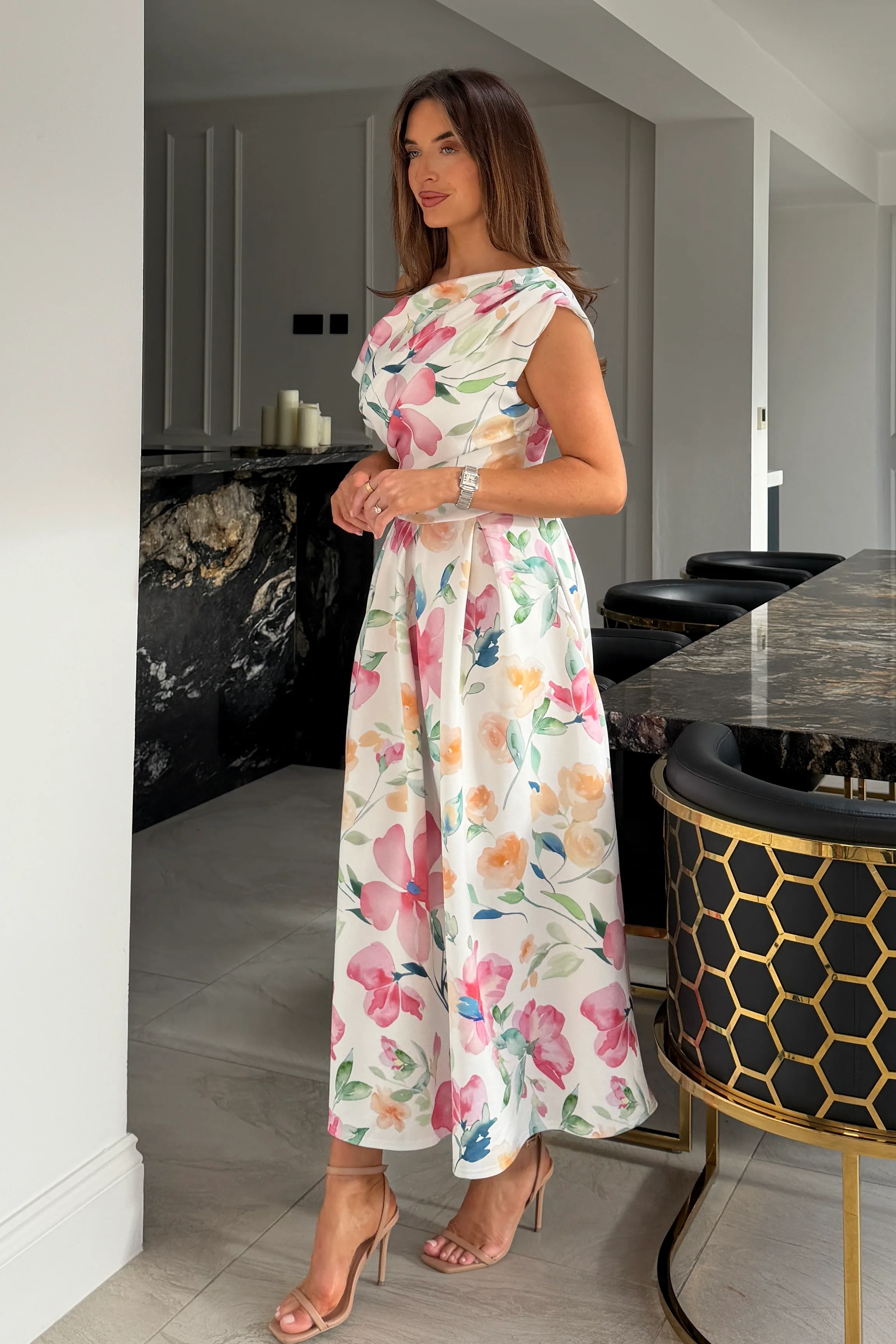 Betty Asymmetric Neckline Skater Midi Dress Print - Image 5