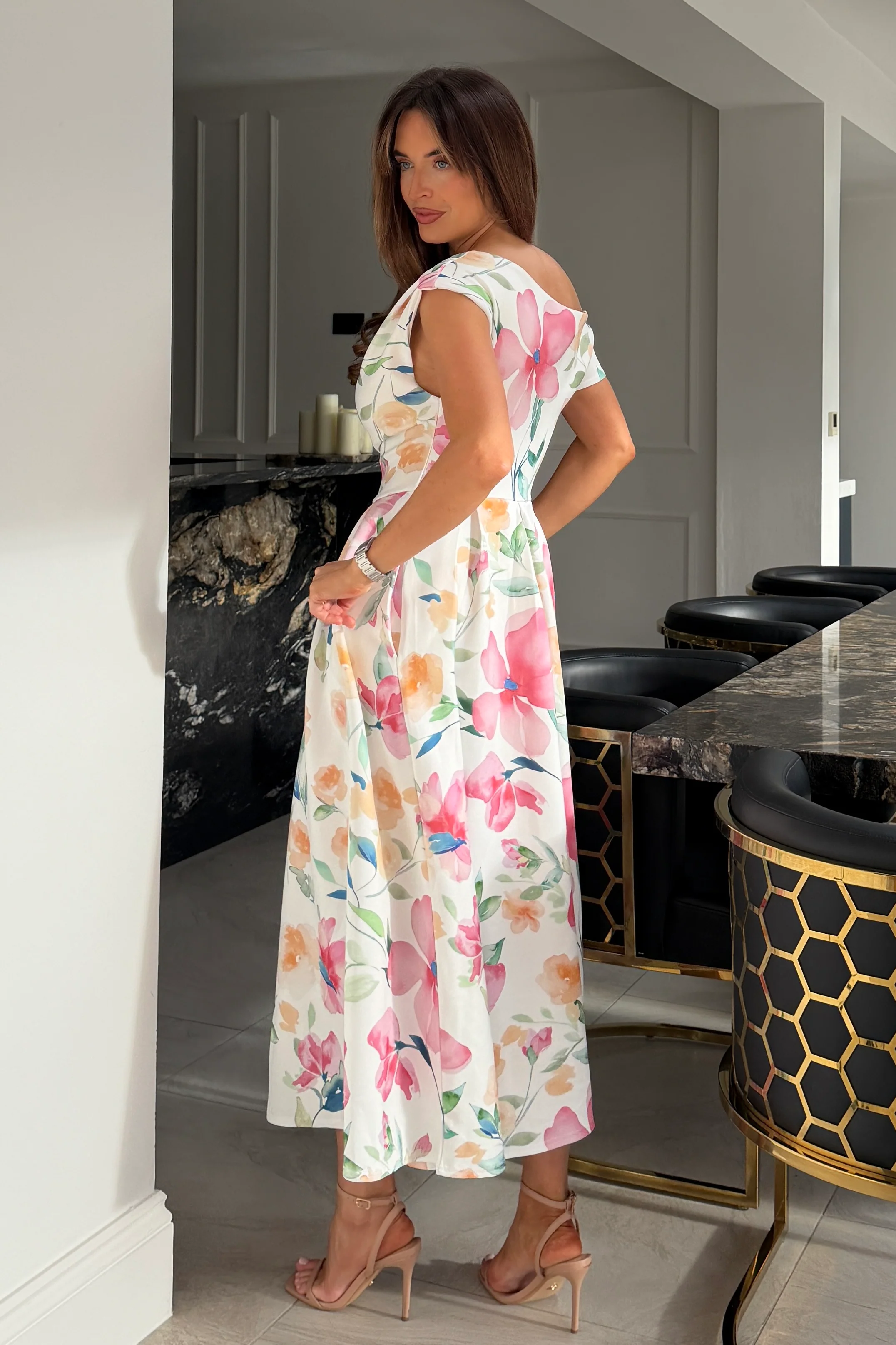 Betty Asymmetric Neckline Skater Midi Dress Print - Image 6