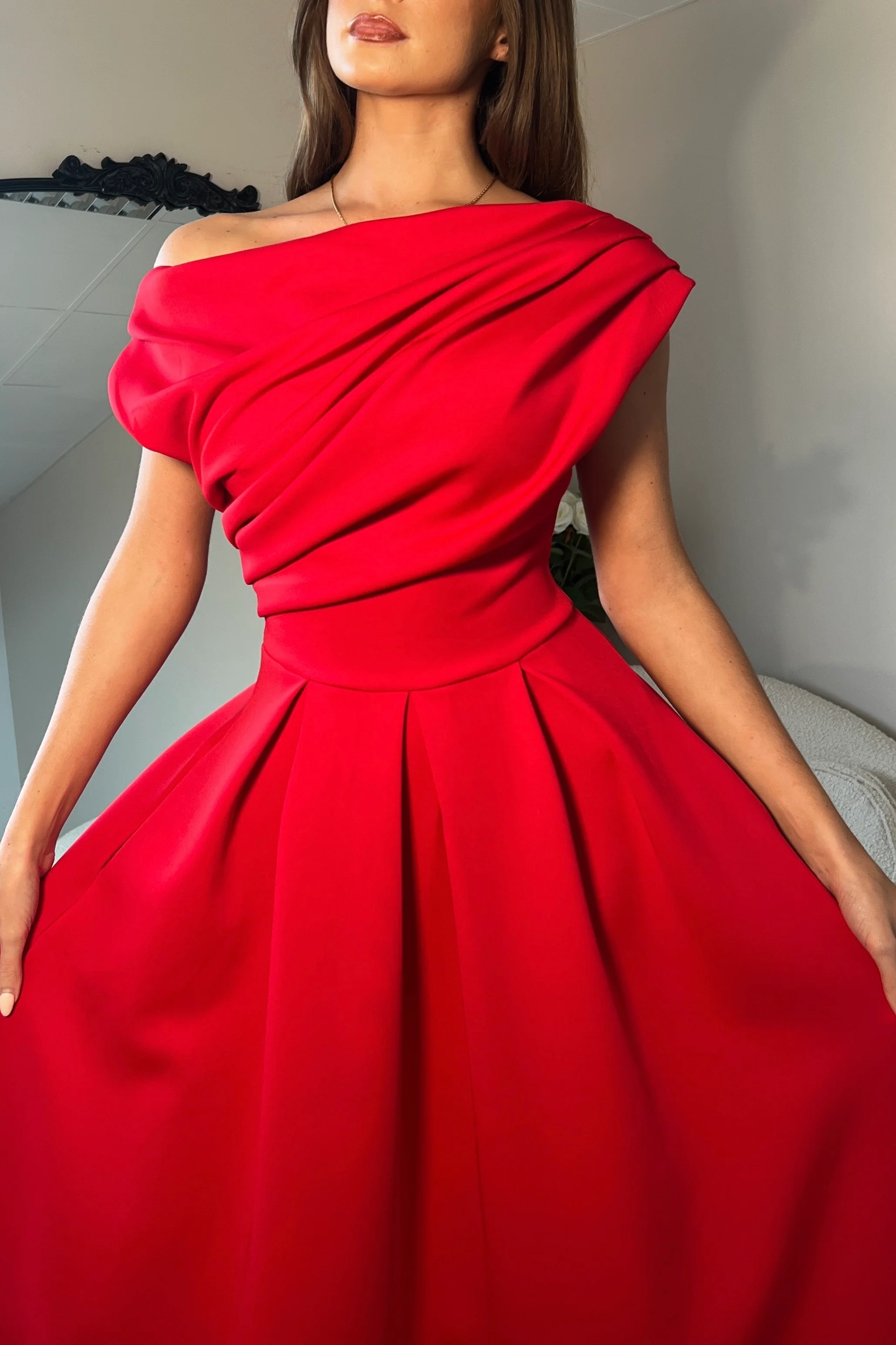 Betty Asymmetric Neckline Skater Midi Red - Image 2