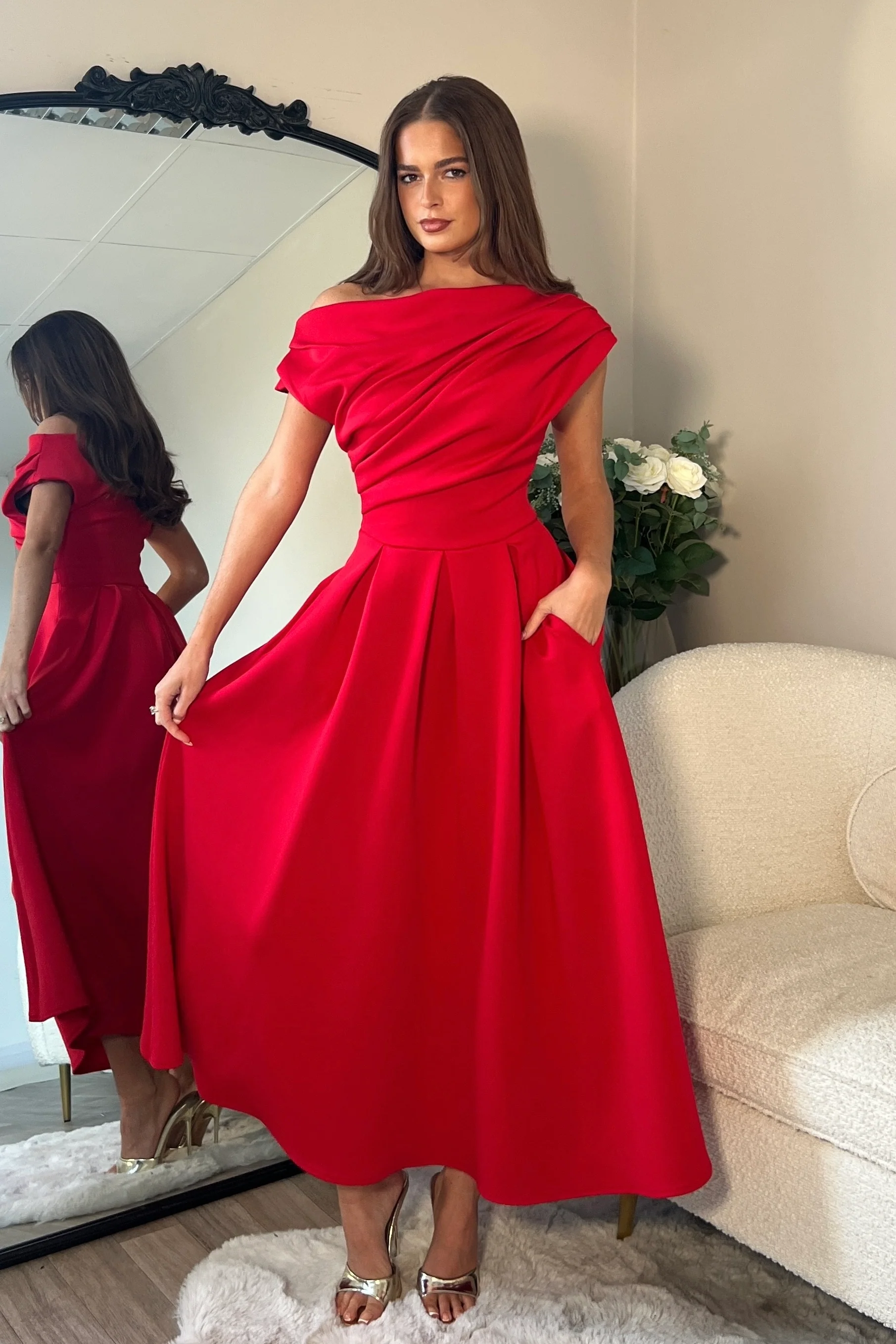 Betty Asymmetric Neckline Skater Midi Red - Image 3
