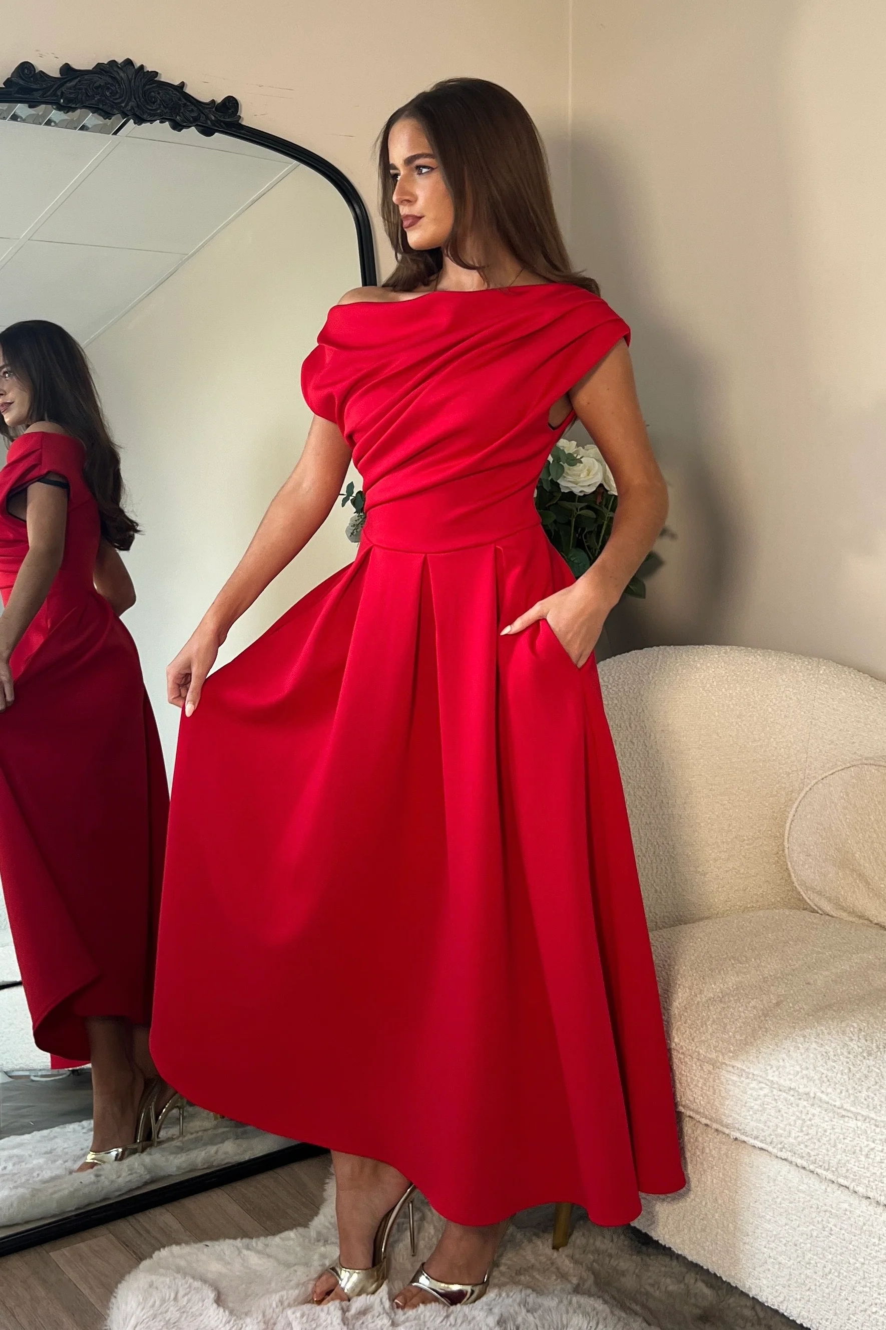Betty Asymmetric Neckline Skater Midi Red - Image 4