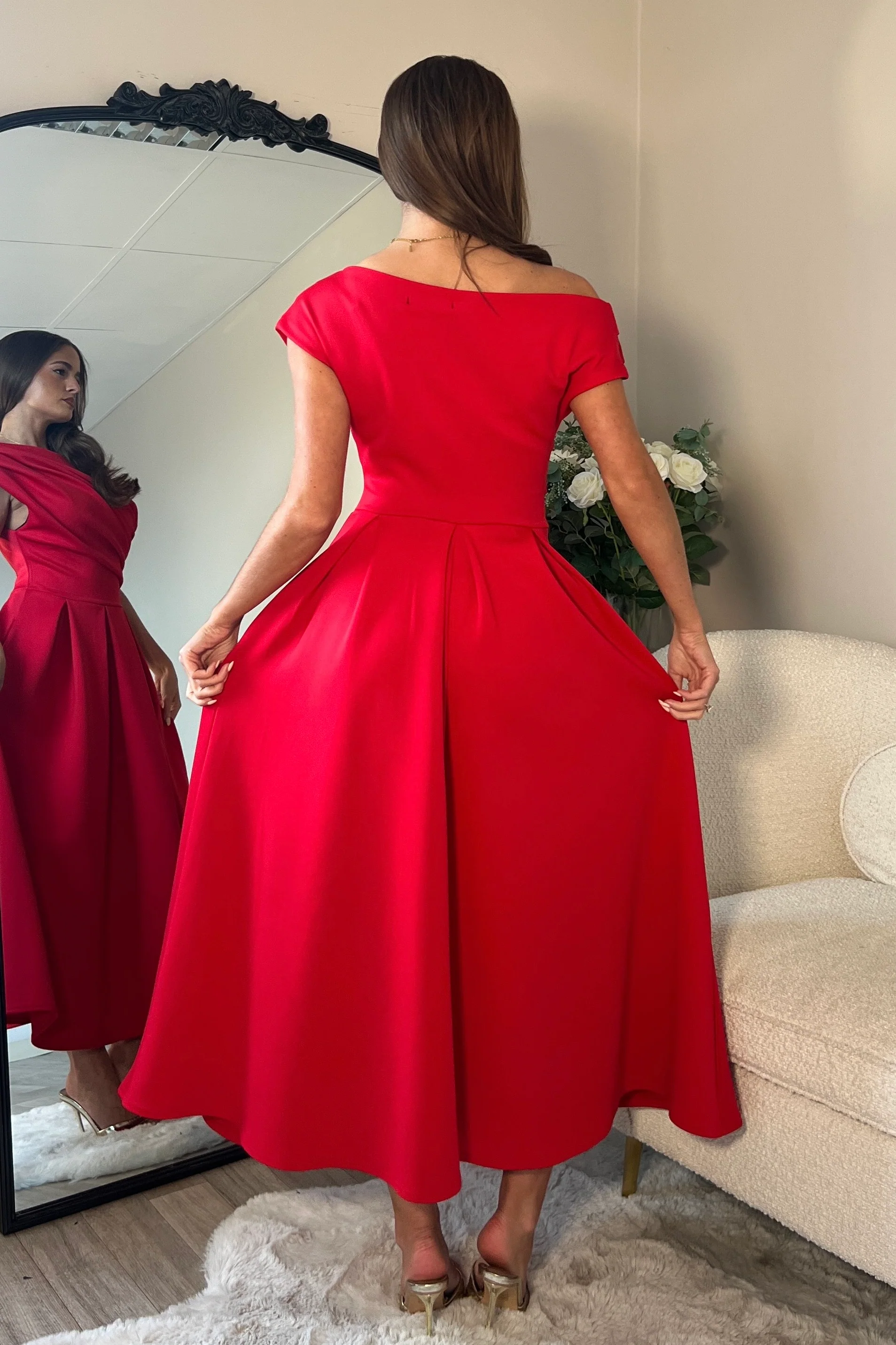 Betty Asymmetric Neckline Skater Midi Red - Image 5