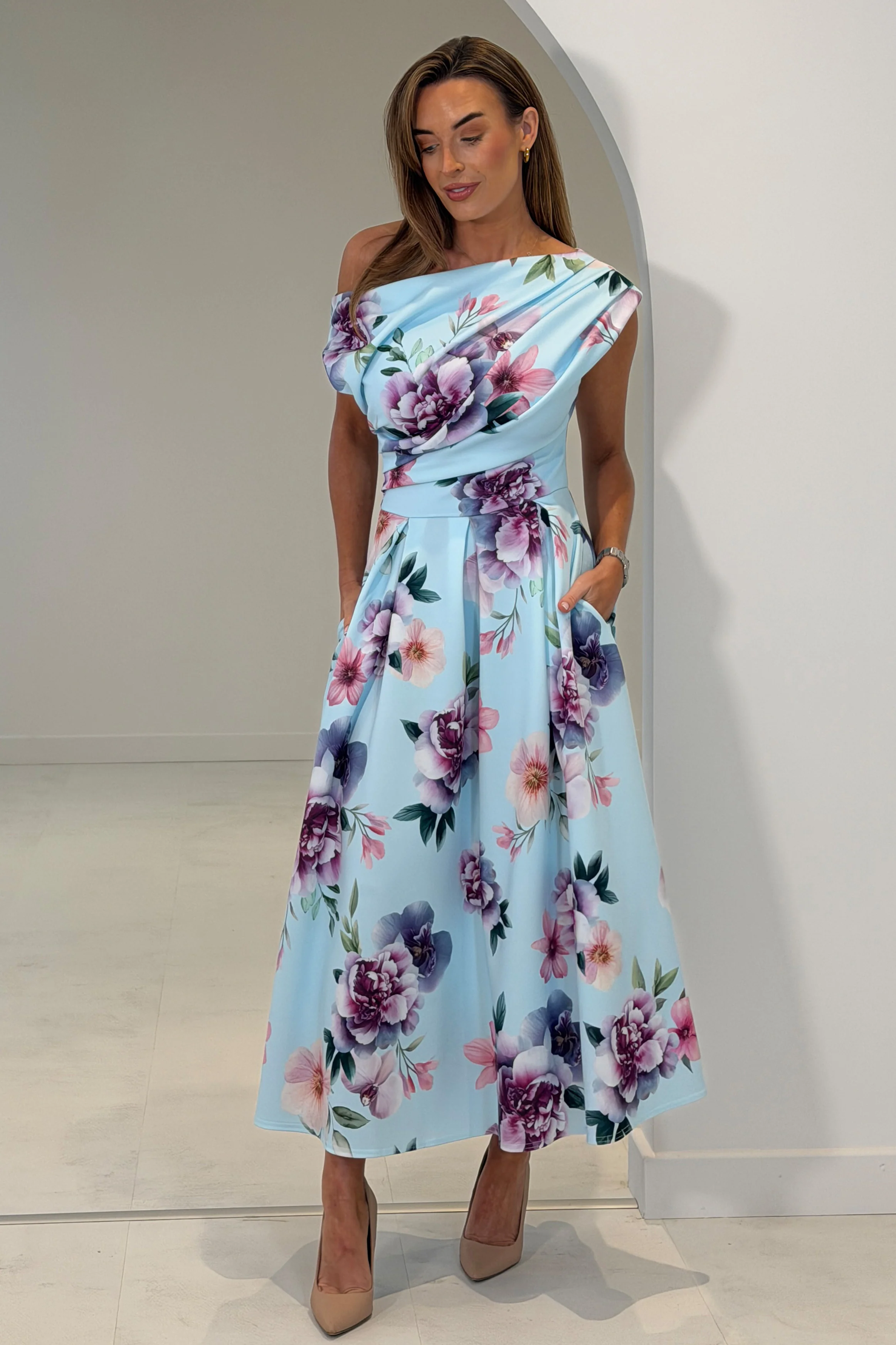 Betty Asymmetric Neckline Skater Midi Dress Blue Print - Image 3