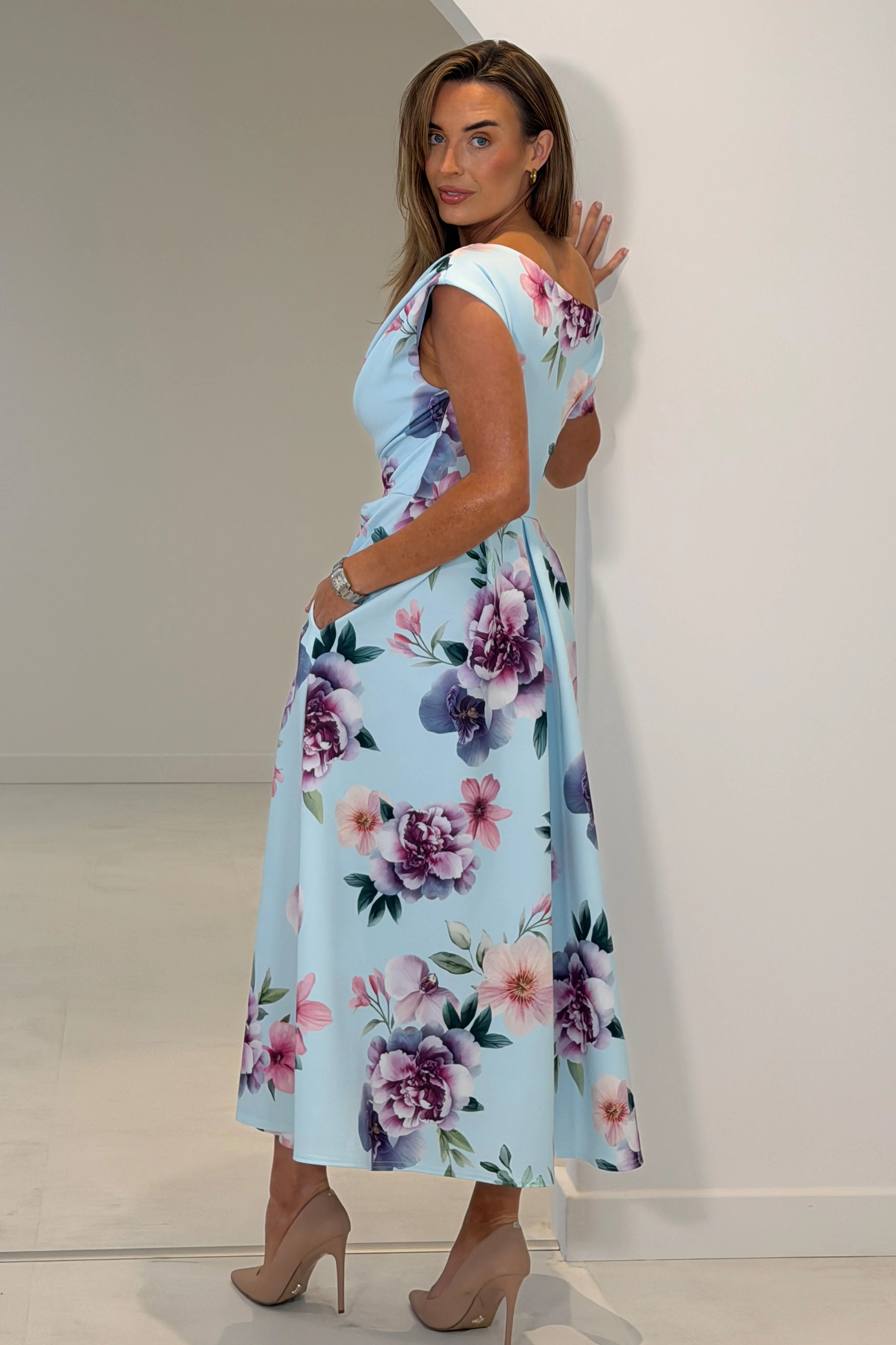 Betty Asymmetric Neckline Skater Midi Dress Blue Print - Image 6