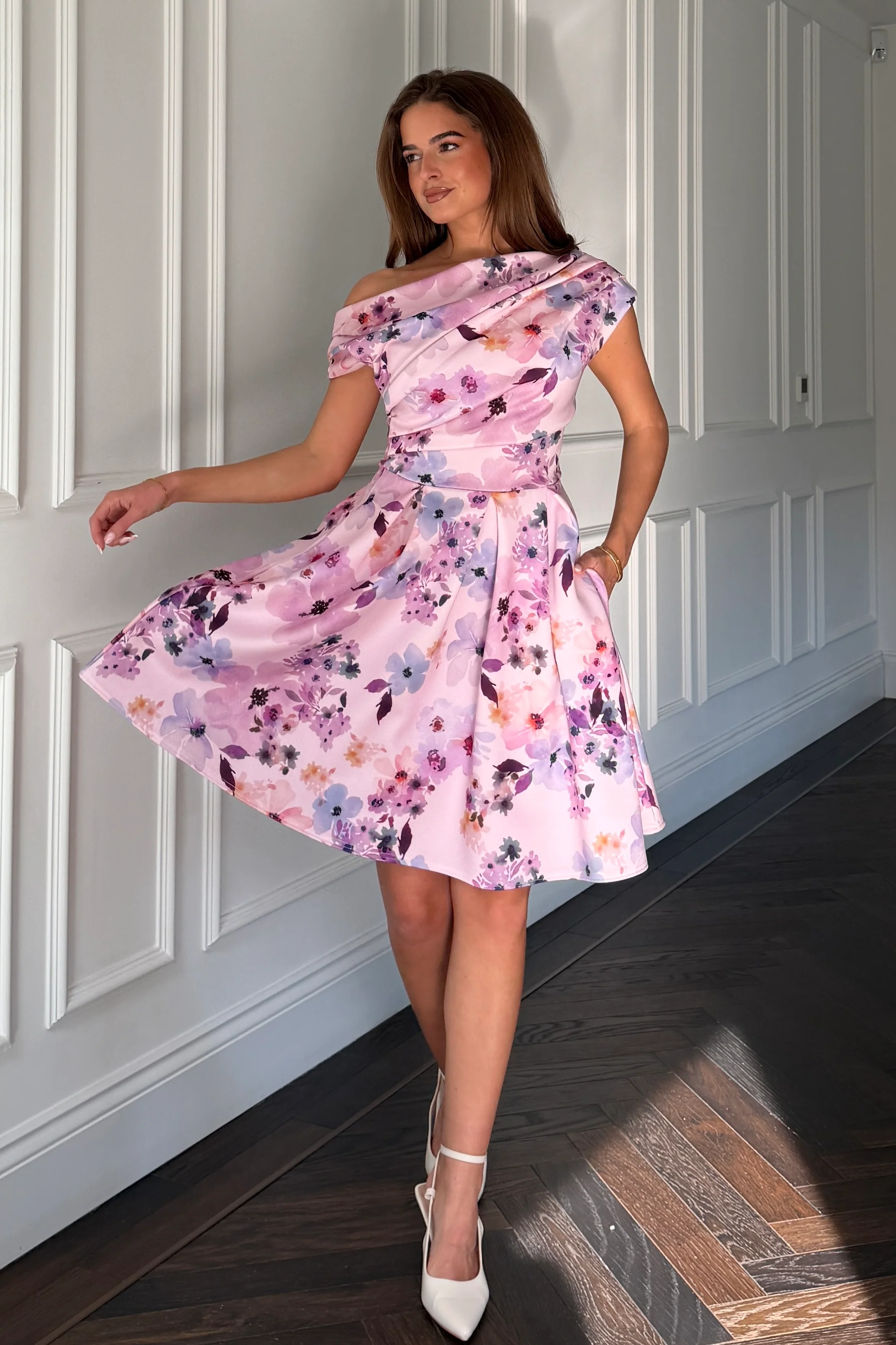 Betty Asymmetric Neckline Skater Mini Dress Lilac - Image 5
