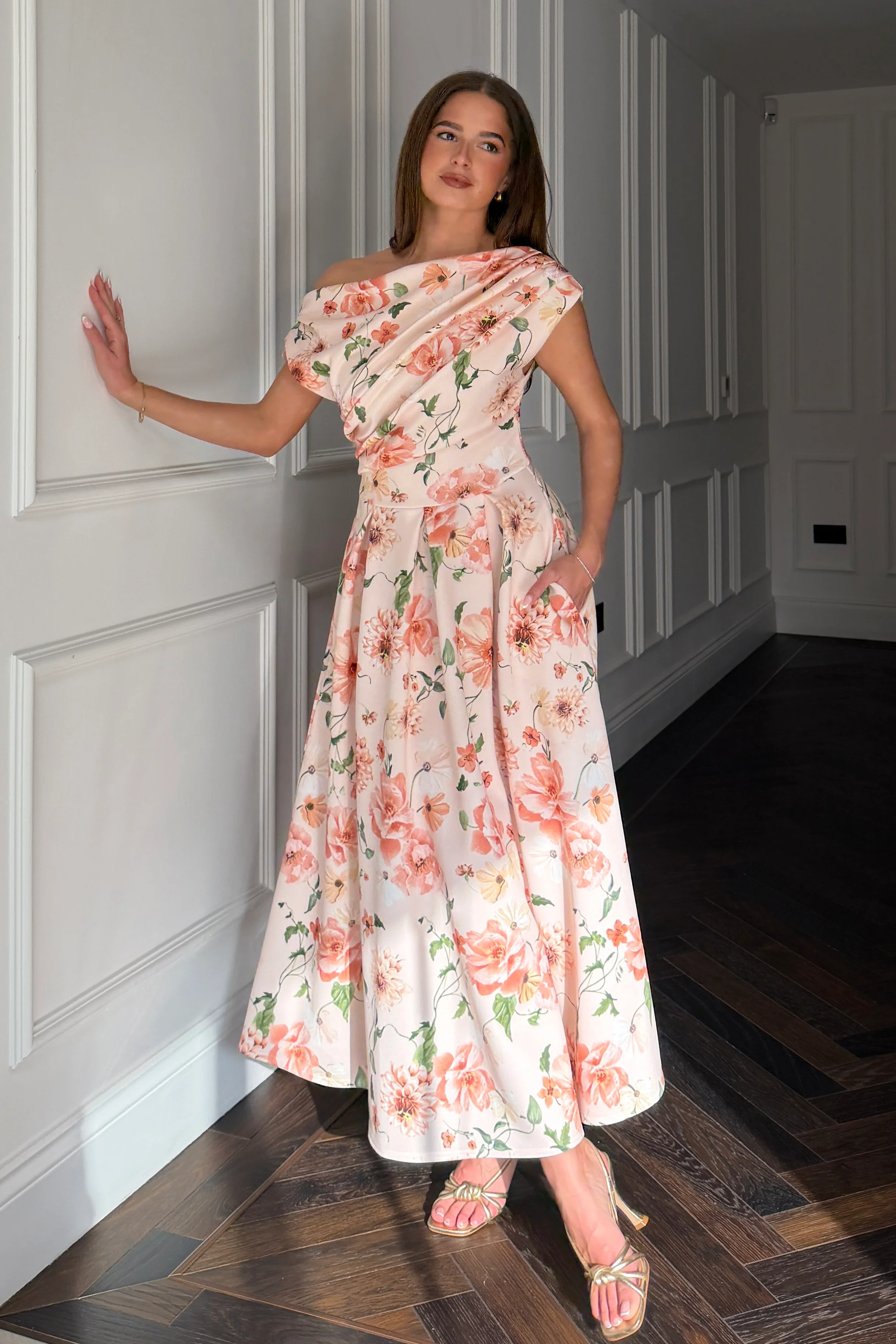 Betty Asymmetric Neckline Skater Midi Dress Peach - Image 3