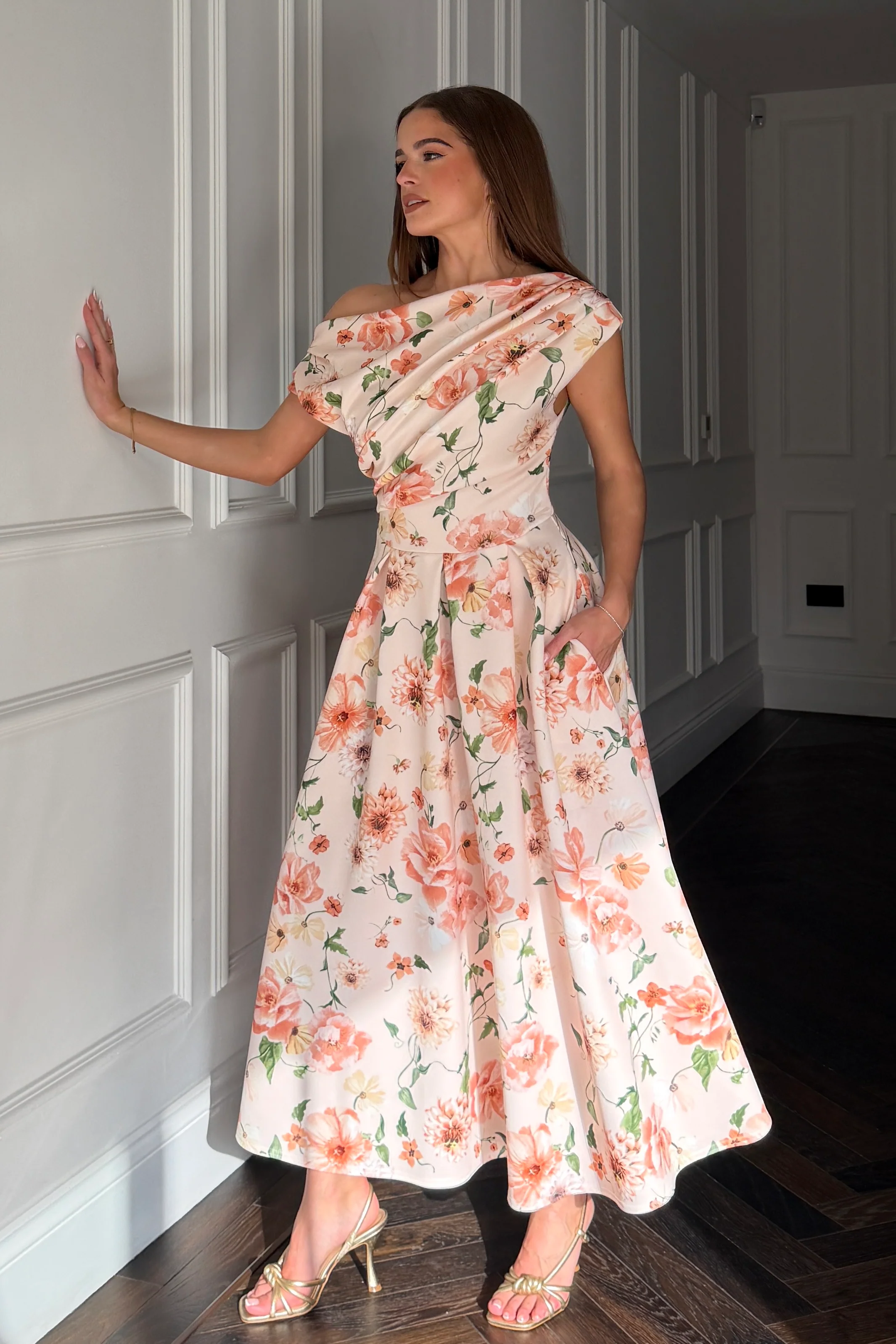 Betty Asymmetric Neckline Skater Midi Dress Peach - Image 4