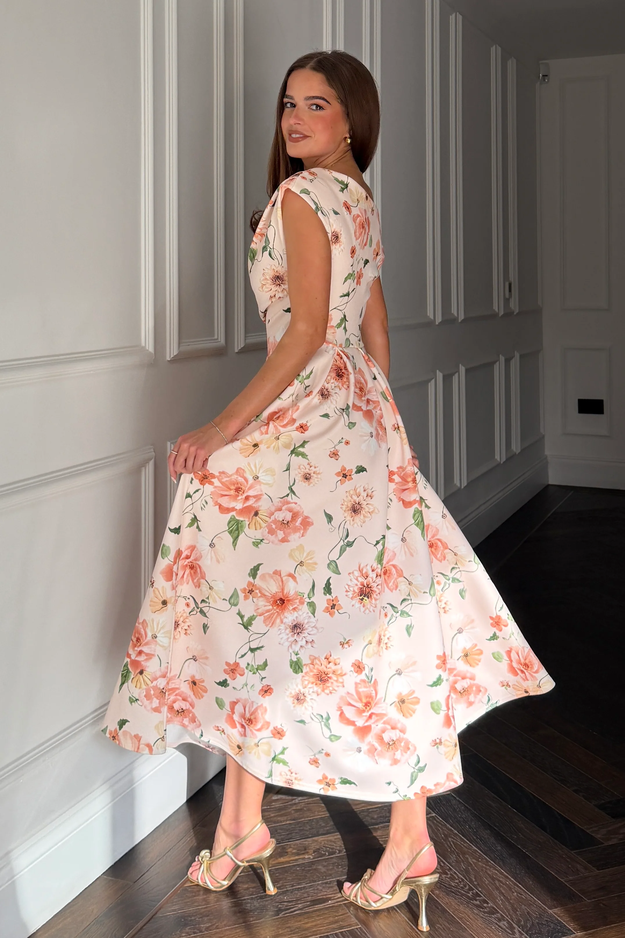 Betty Asymmetric Neckline Skater Midi Dress Peach - Image 5