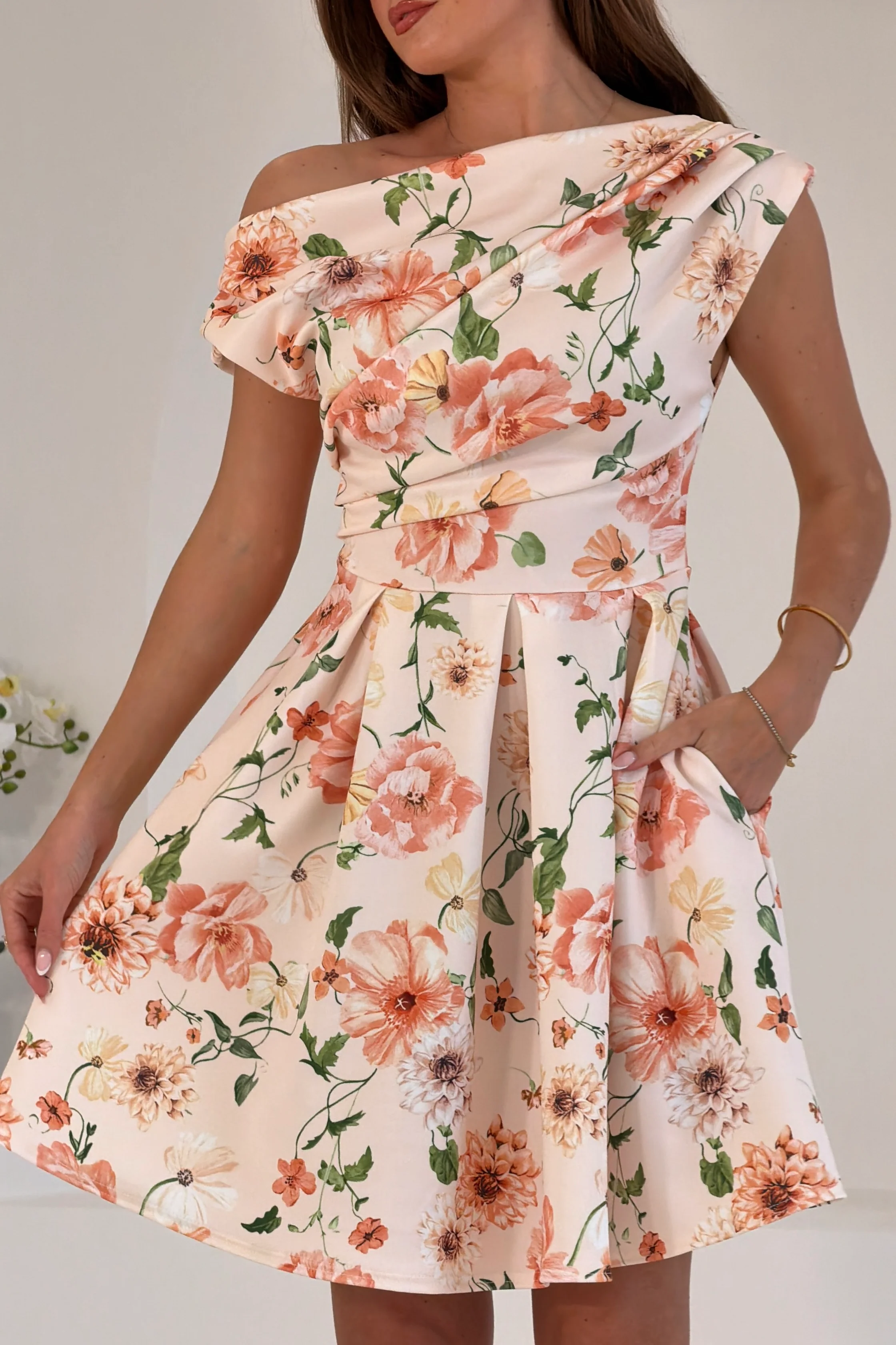 Betty Asymmetric Neckline Skater Mini Dress Peach - Image 2