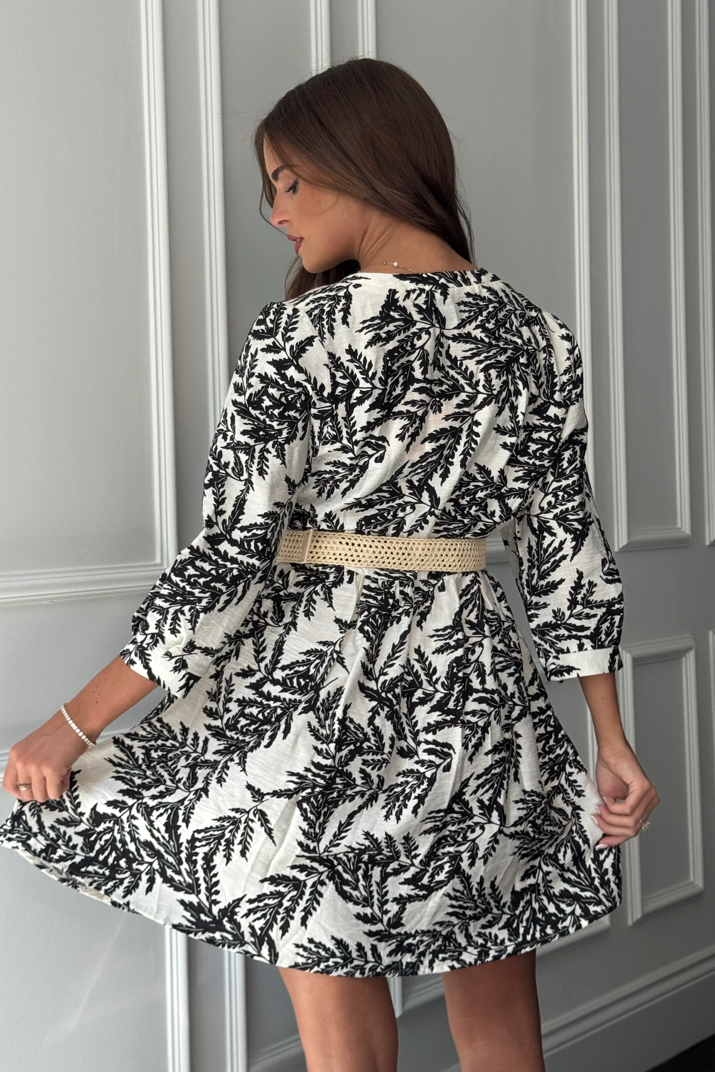 Billy Belted 3/4 Sleeve Mini Shirt Dress In Mono Floral - Image 5