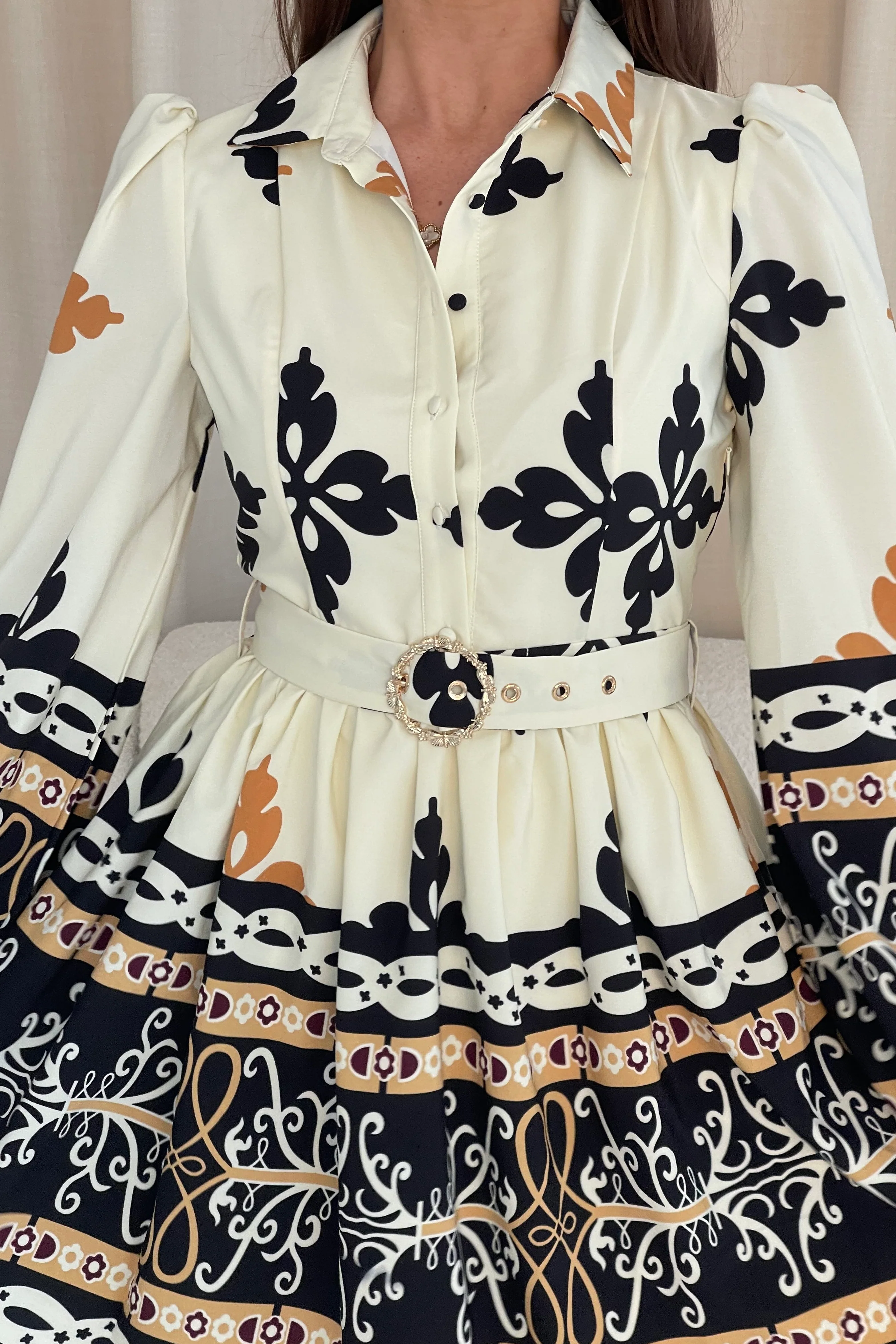 Holland Border Print Shirt Mini Dress Cream - Image 2