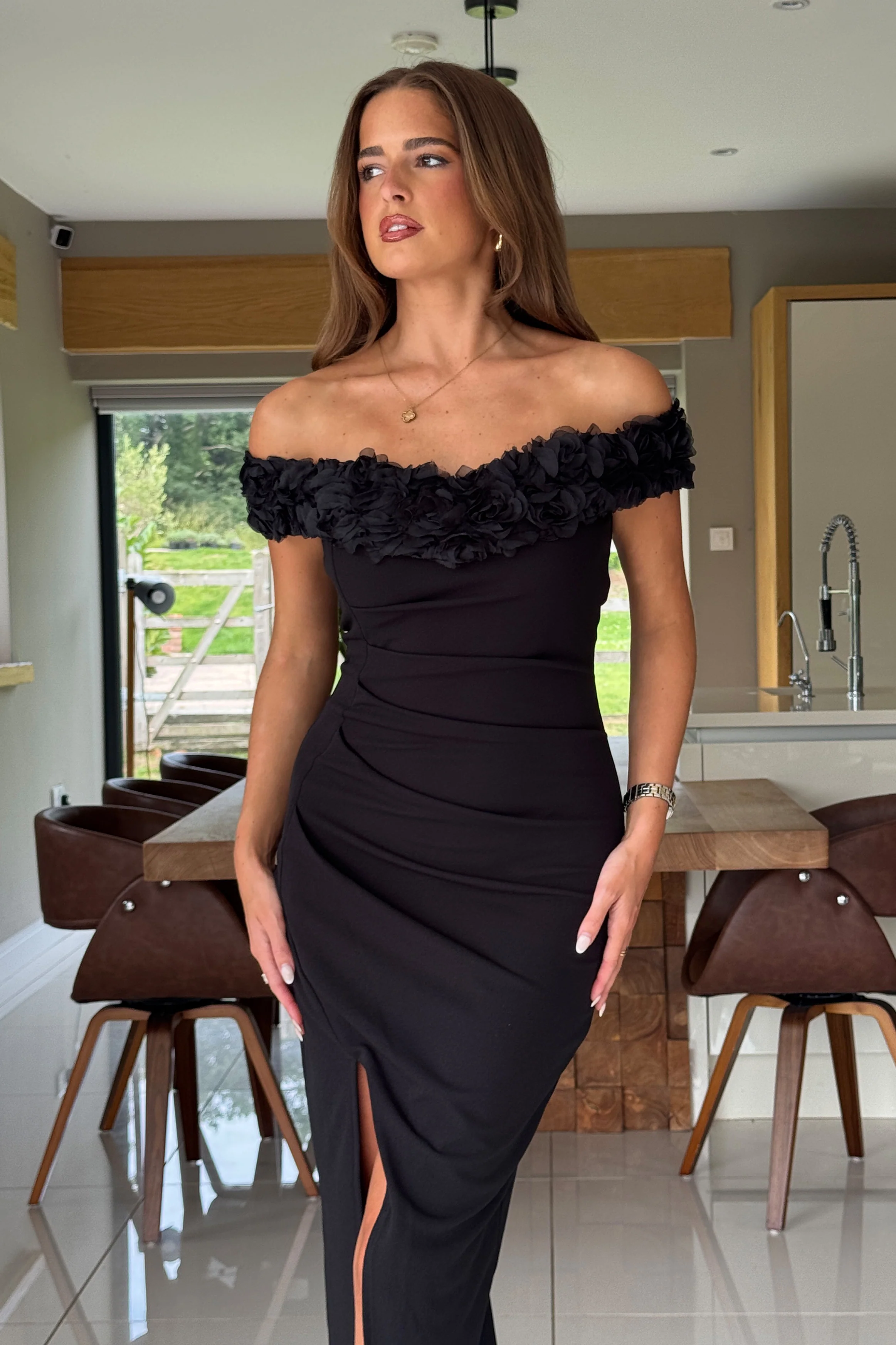 Brenda 3D Floral Off The Shoulder Midi Dress - Image 3
