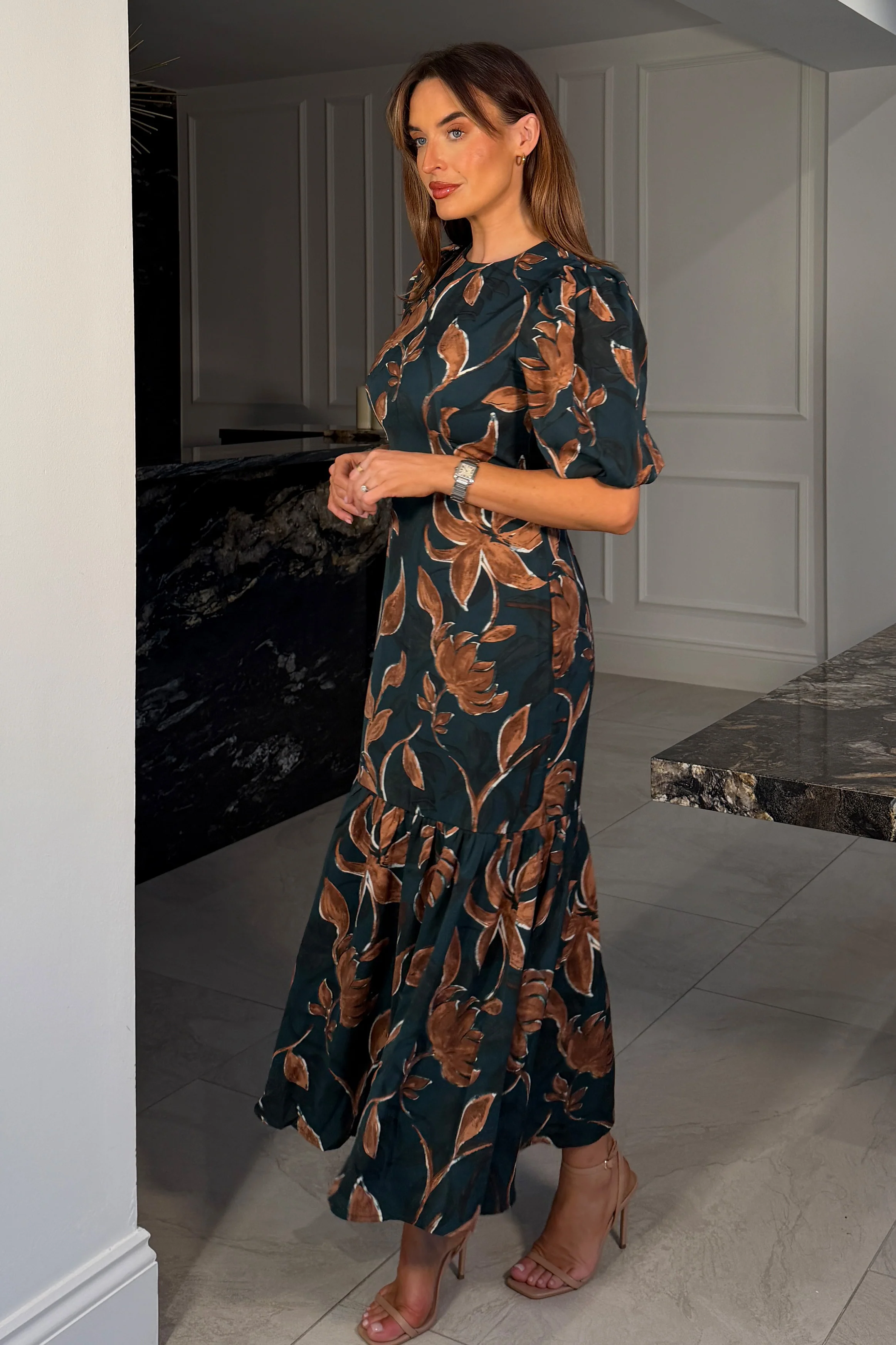 Briege Green Puff Sleeve Floral Ruffle Hem Midi Dress - Image 3