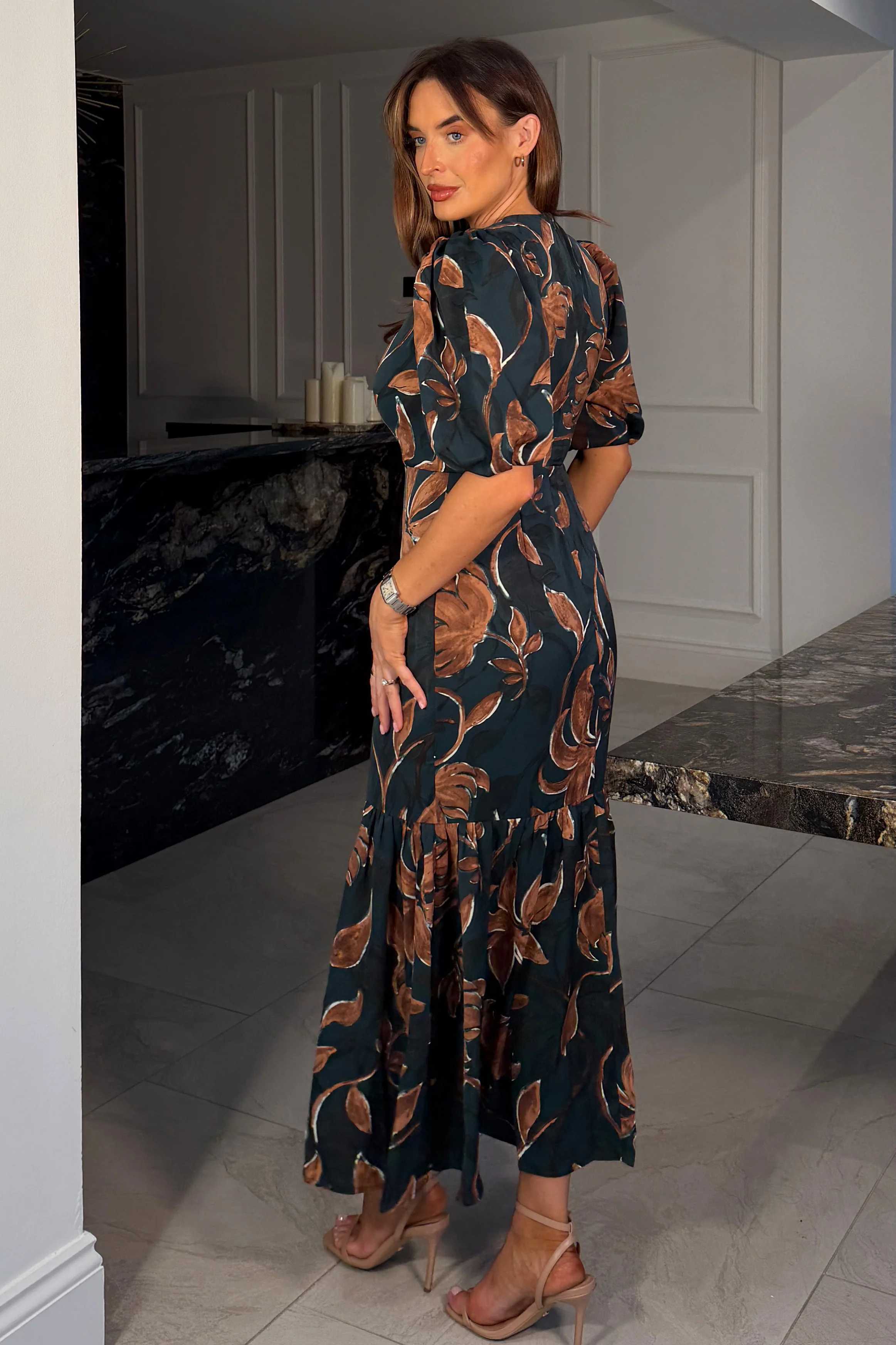 Briege Green Puff Sleeve Floral Ruffle Hem Midi Dress - Image 4